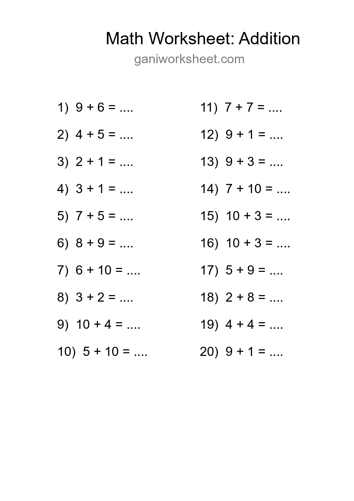 Free 20 Addition Math Worksheet For Grade 1 - Part 1091