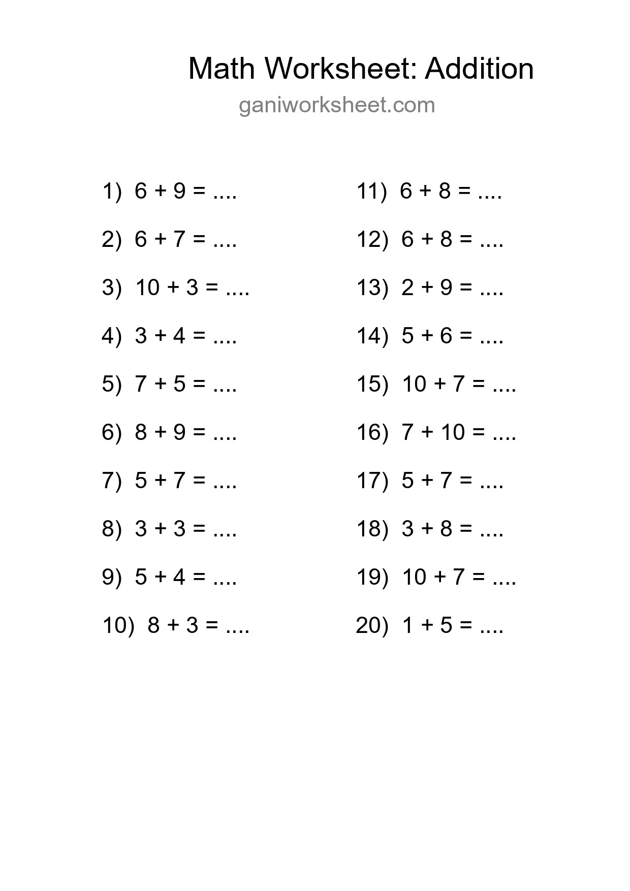 Free 20 Addition Math Worksheet For Grade 1 - Part 801