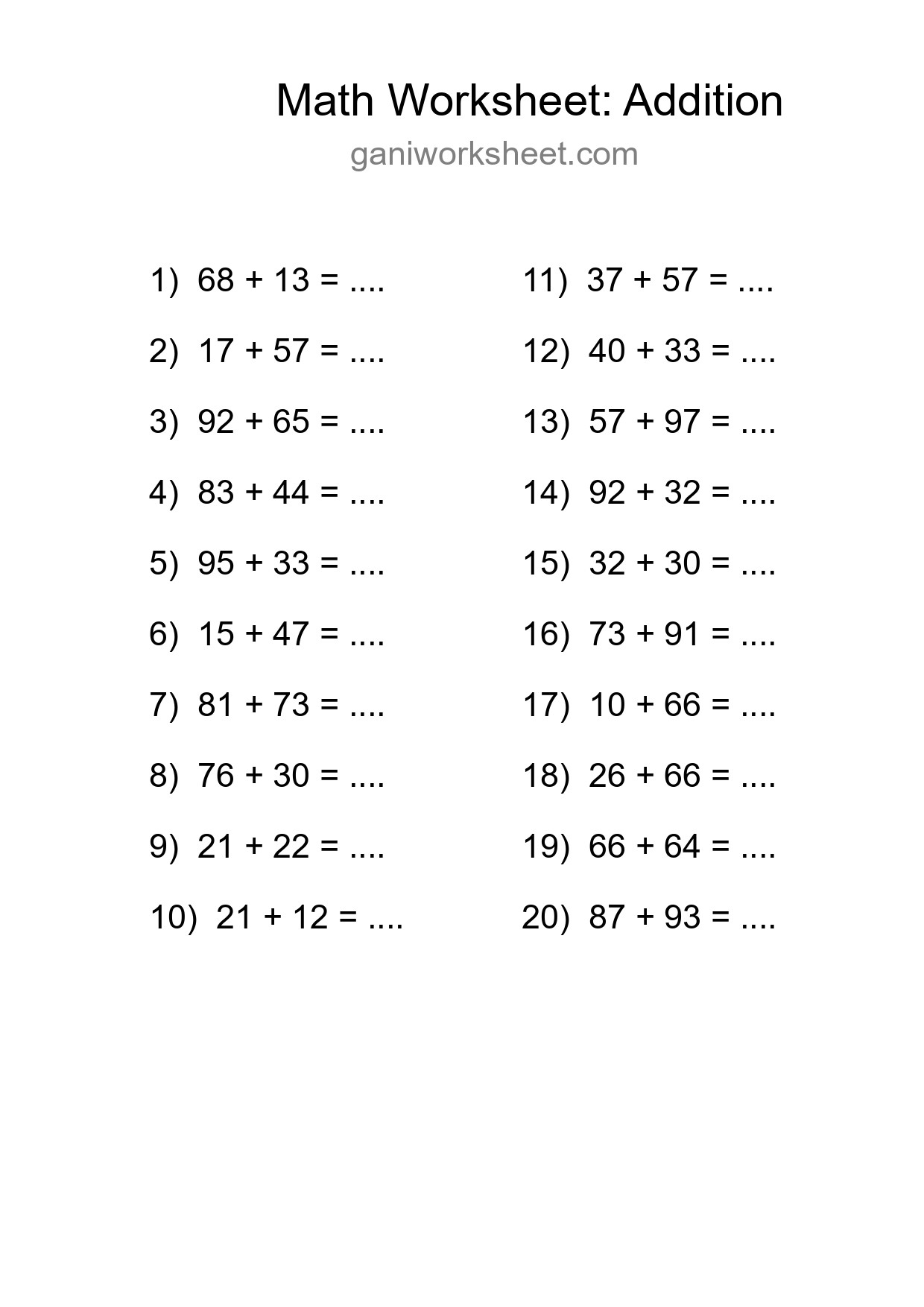 Free 20 Addition Math Worksheet For Grade 3 With Answers - Part 1041