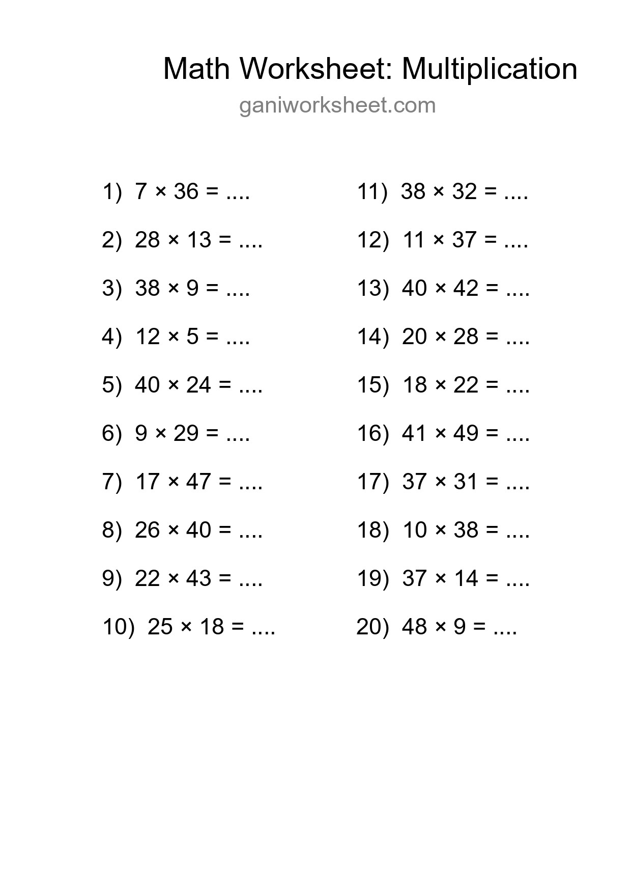 Free 20 Multiplication Math Worksheet For Grade 2 - Part 1847