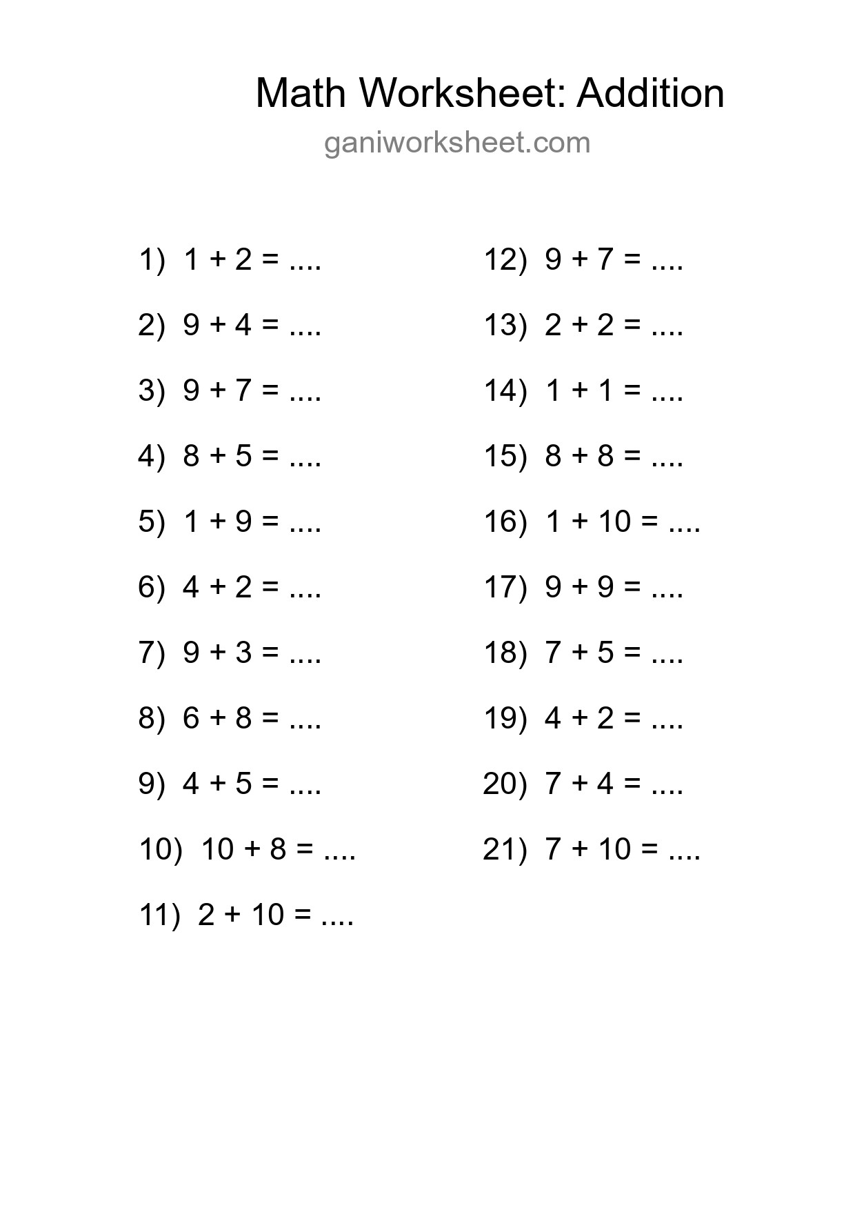 Free 21 Addition Math Worksheet For Grade 1 - Part 1111