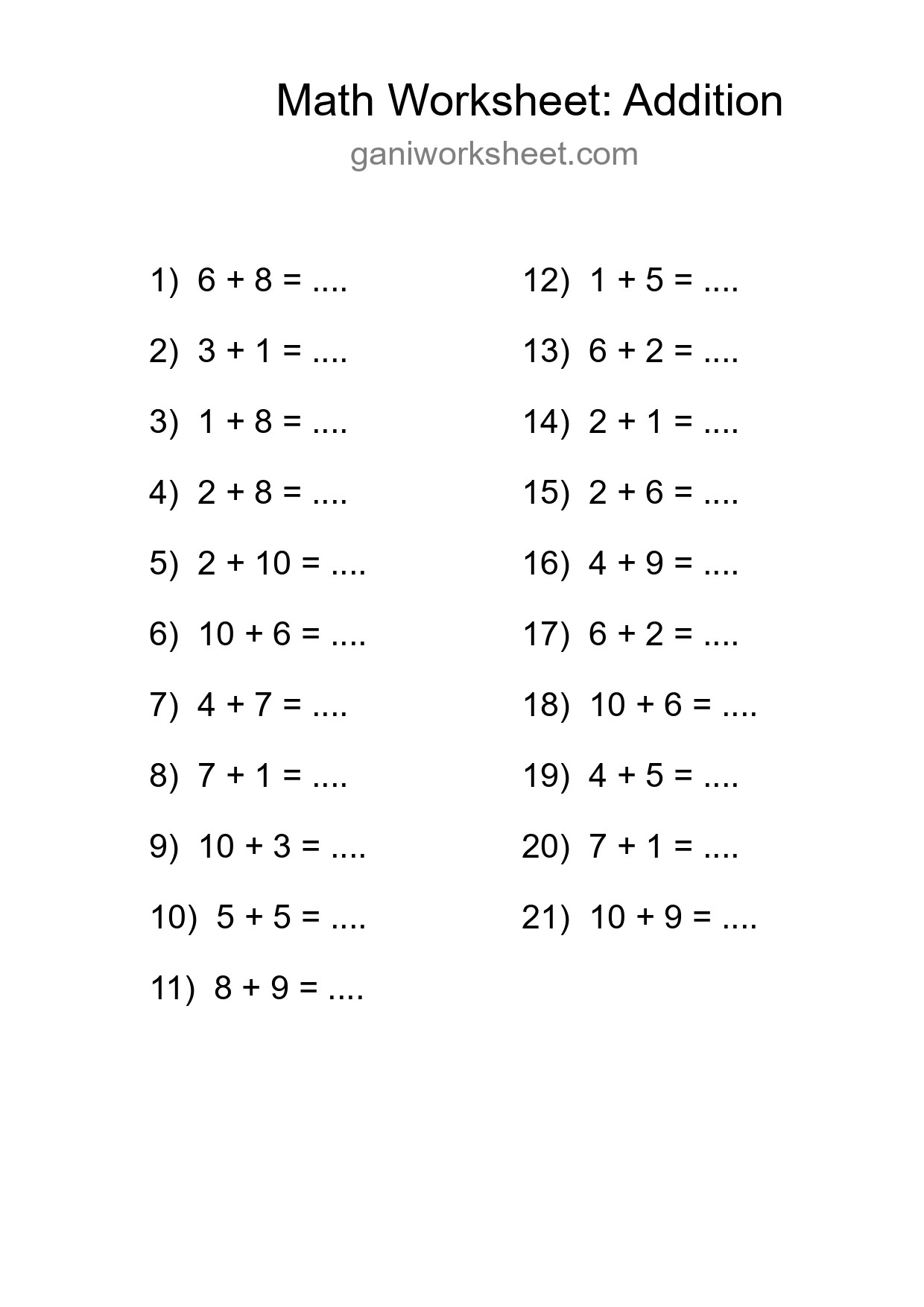 Free 21 Addition Math Worksheet For Grade 1 - Part 791