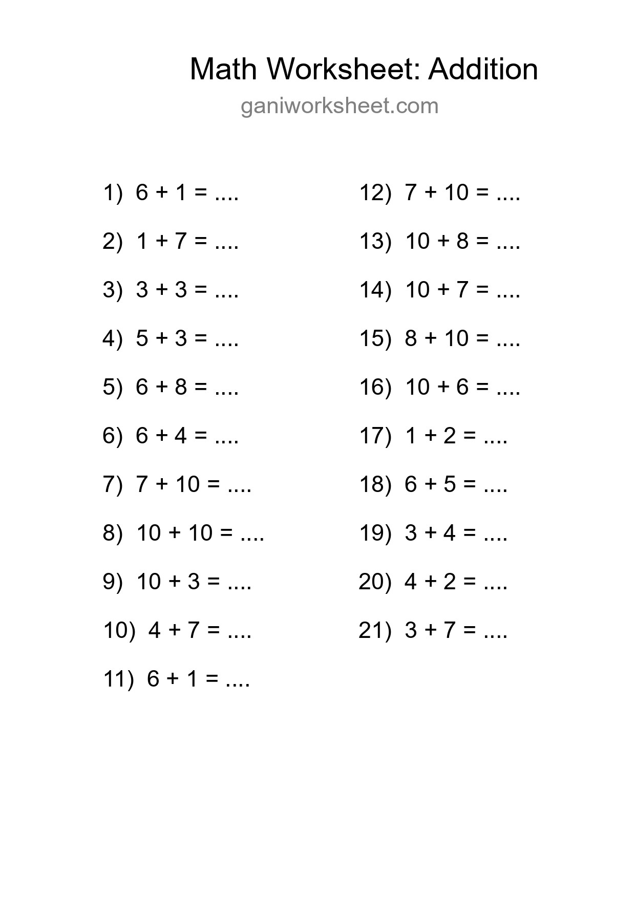 Free 21 Addition Math Worksheet For Grade 1 With Answers - Part 1471