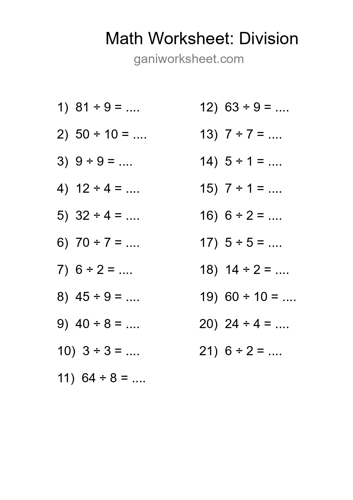 Free 21 Division Math Worksheet For Grade 1 With Answers - Part 384