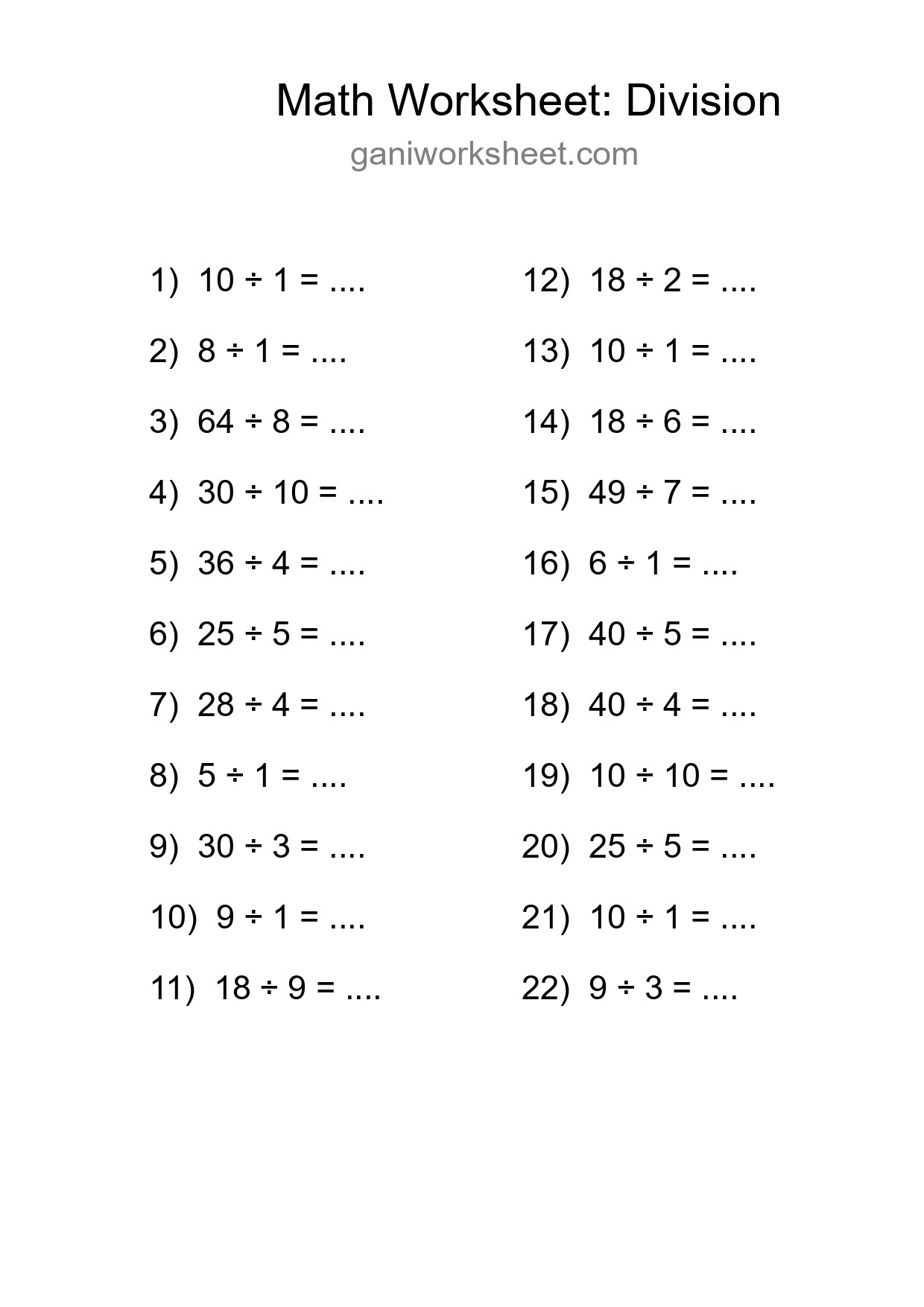 Free 22 Division Math Worksheet For Grade 1 With Answers - Part 1354