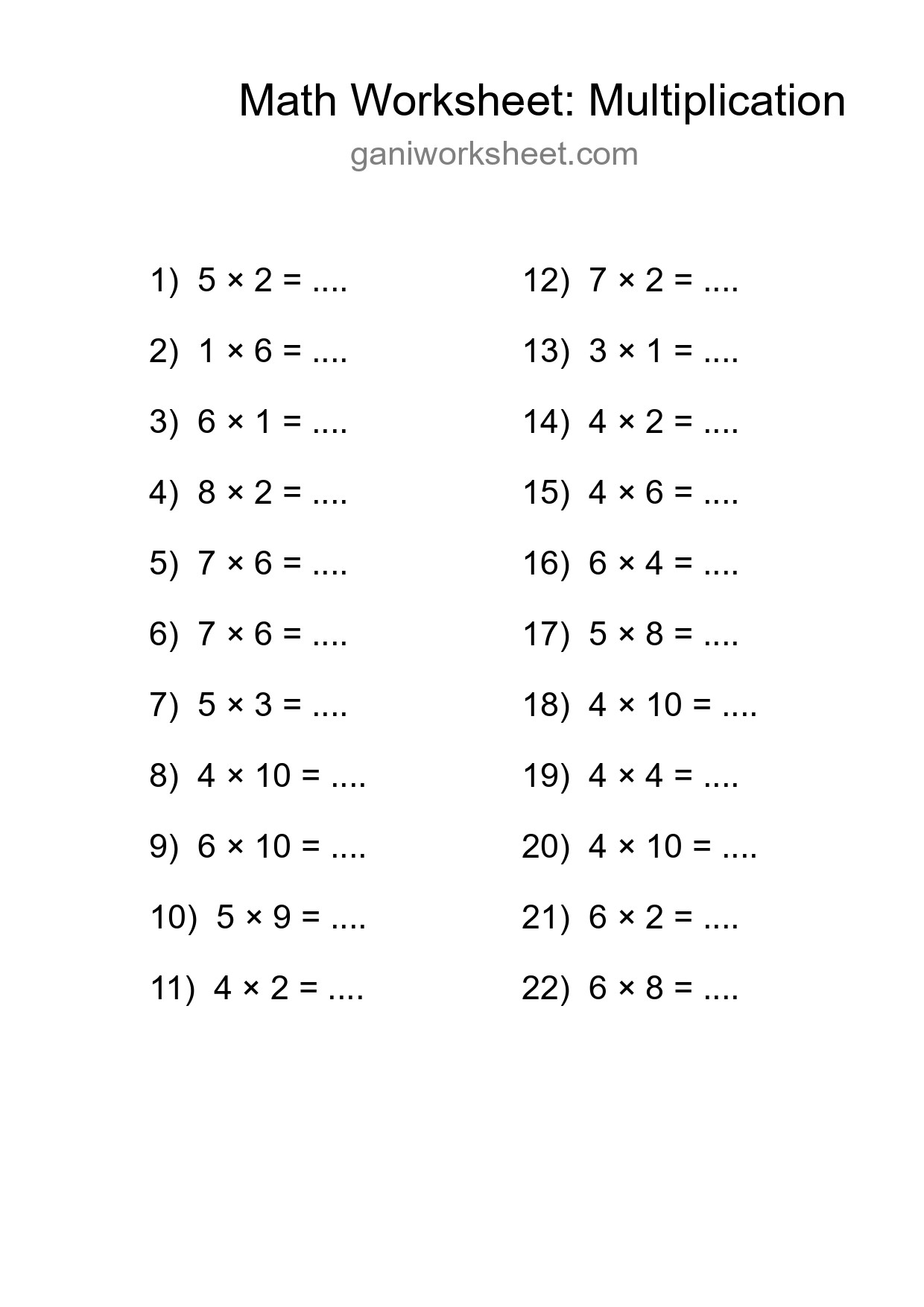 Free 22 Multiplication Math Worksheet For Grade 1 With Answers - Part 1057
