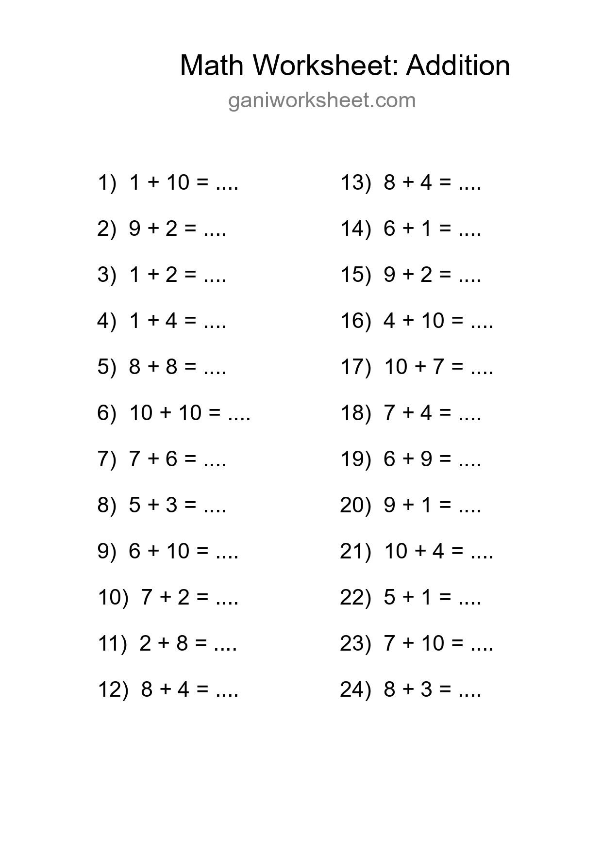 Free 24 Addition Math Worksheet For Grade 1 - Part 941
