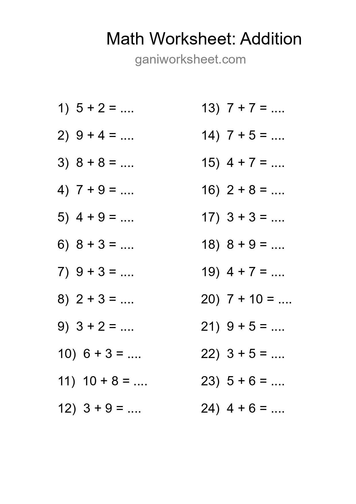 Free 24 Addition Math Worksheet For Grade 1 With Answers - Part 1031