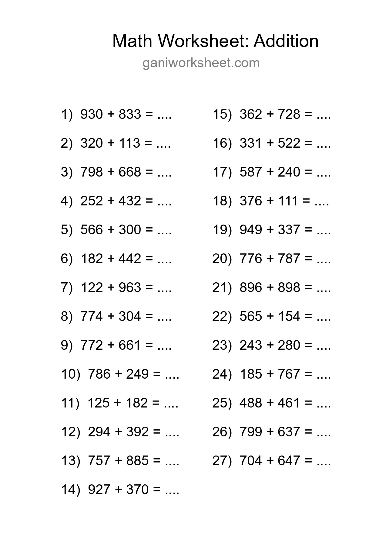Free 27 Addition Math Worksheet For Grade 5 - Part 1991