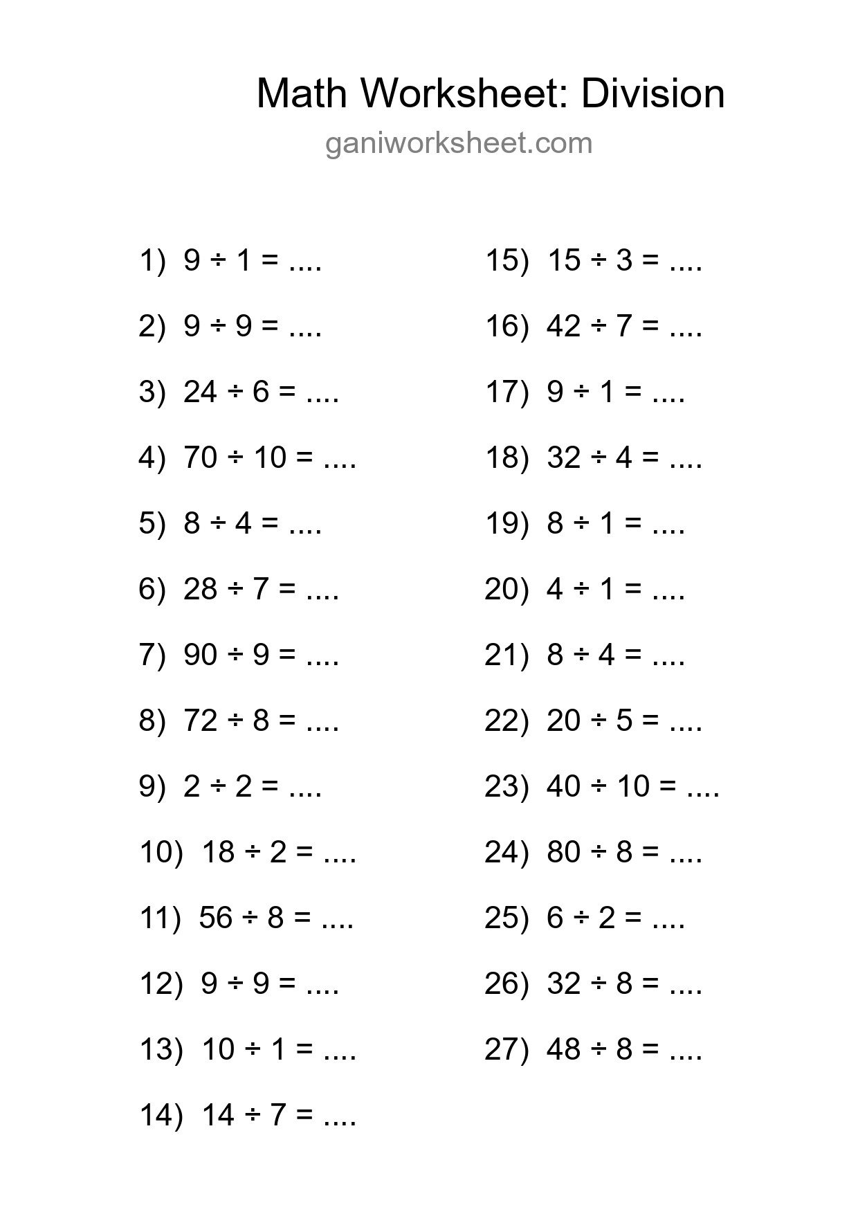 Free 27 Division Math Worksheet For Grade 1 With Answers - Part 1624
