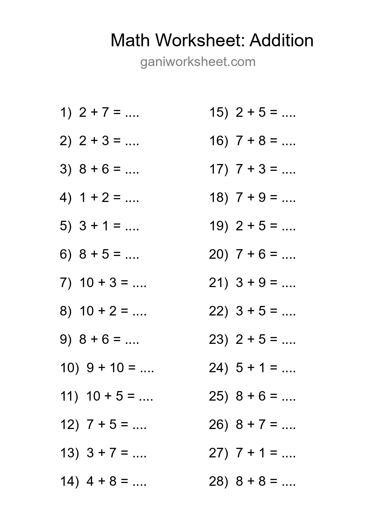 Free 28 Addition Math Worksheet For Grade 1 - Part 431