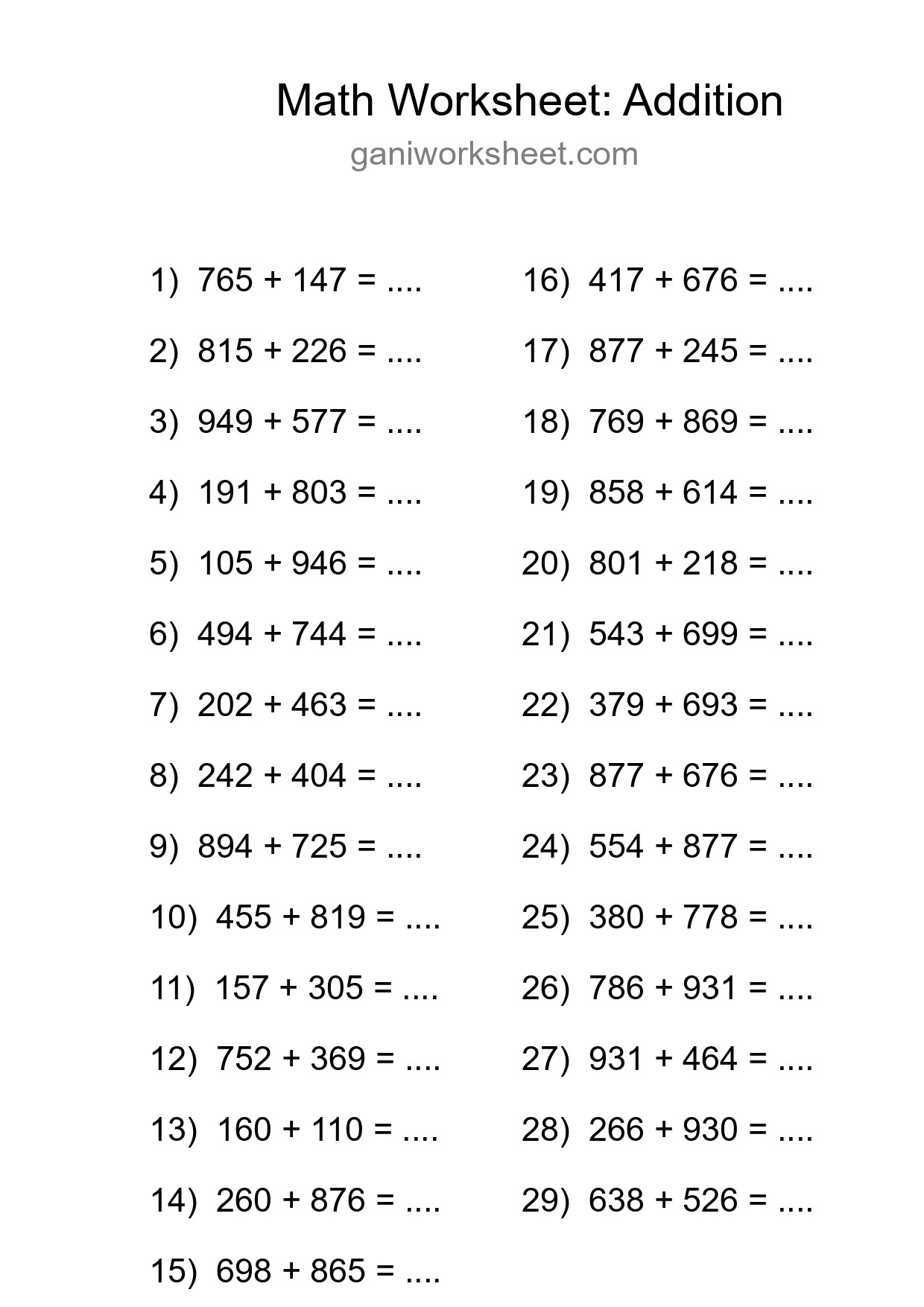 Free 29 Addition Math Worksheet For Grade 5