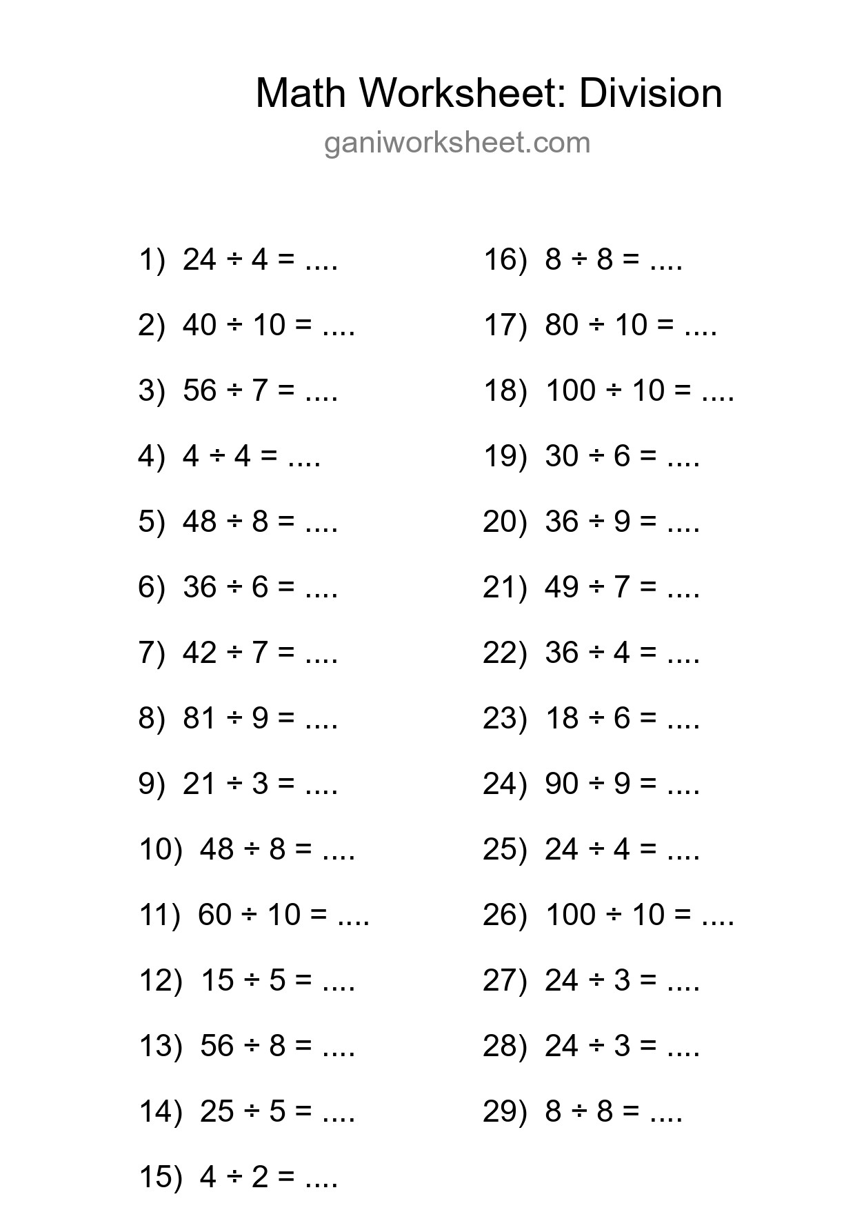 Free 29 Division Math Worksheet For Grade 1 With Answers - Part 1724