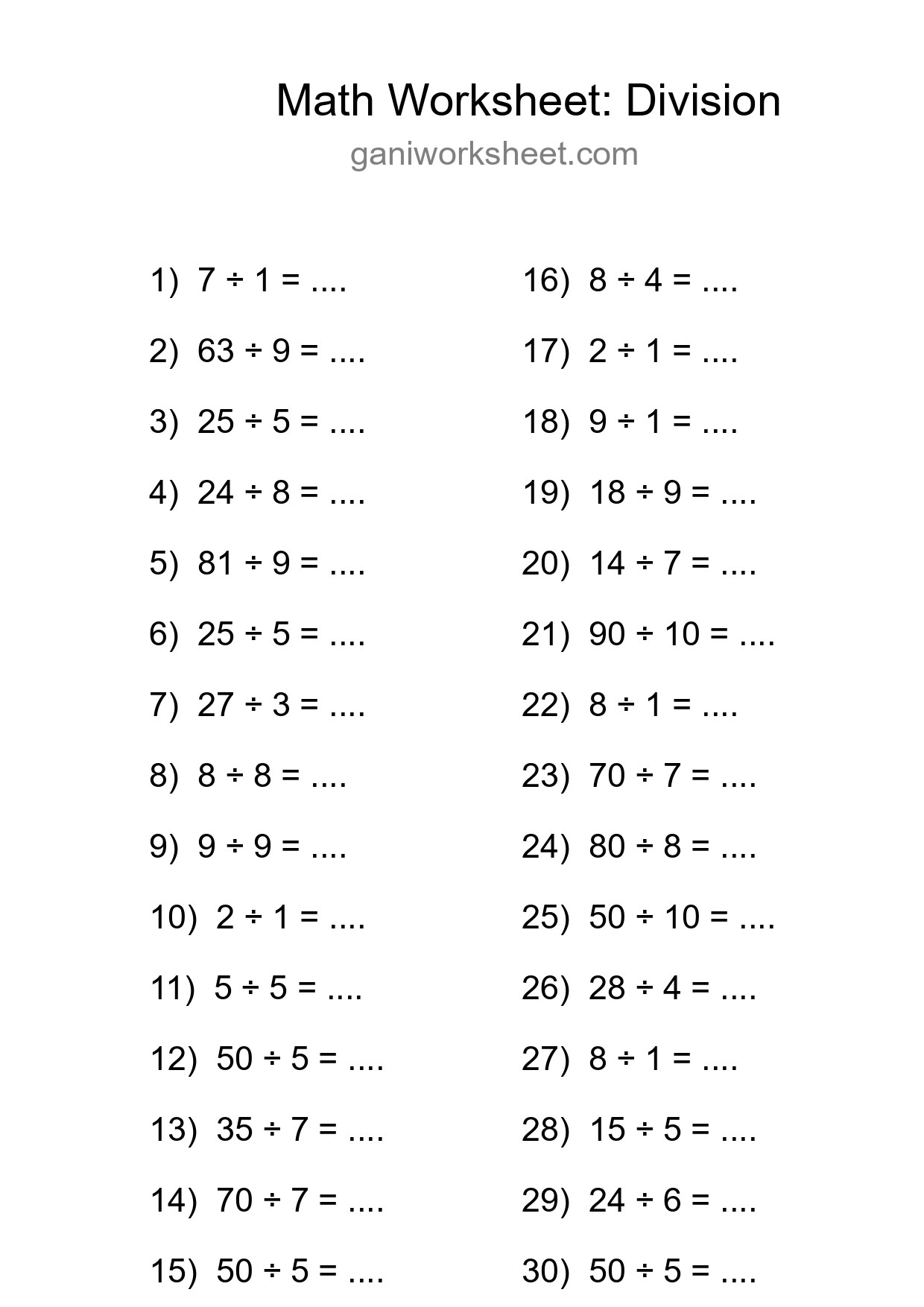 Free 30 Division Math Worksheet For Grade 1 With Answers - Part 1314