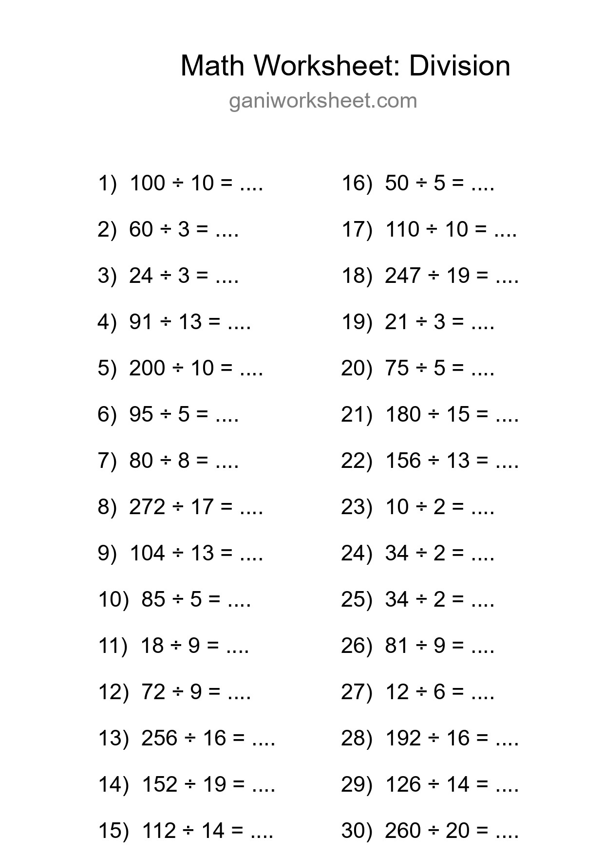 Free 30 Division Math Worksheet For Grade 2 With Answers - Part 1164