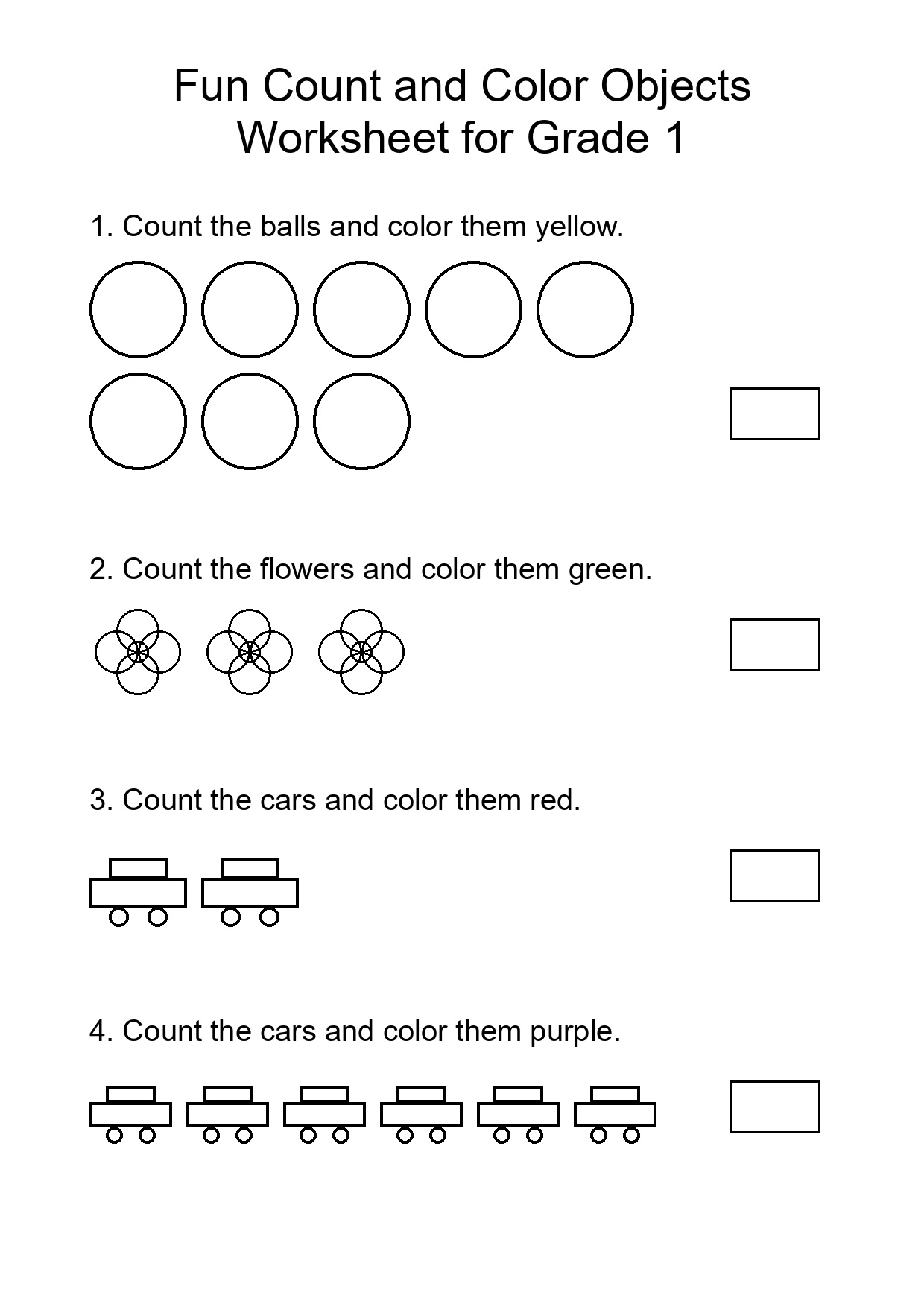 Fun Count and Color Objects Worksheet for Grade 1