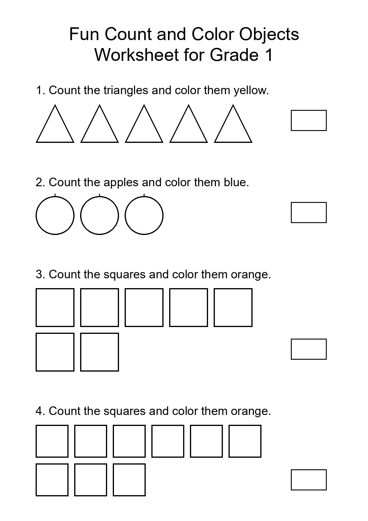 Fun Count and Color Objects Worksheet for Grade 1