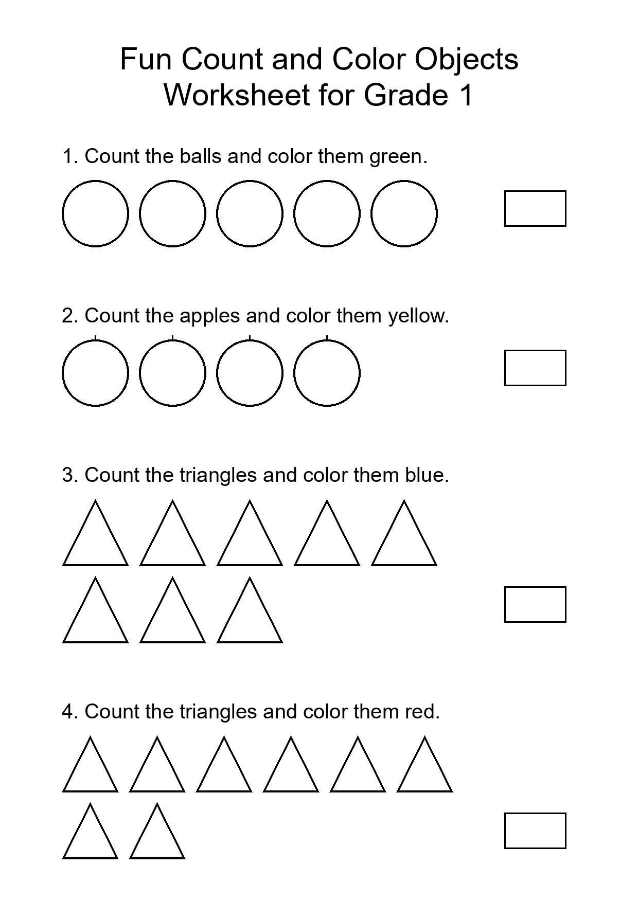 Fun Count and Color Objects Worksheet for Grade 1