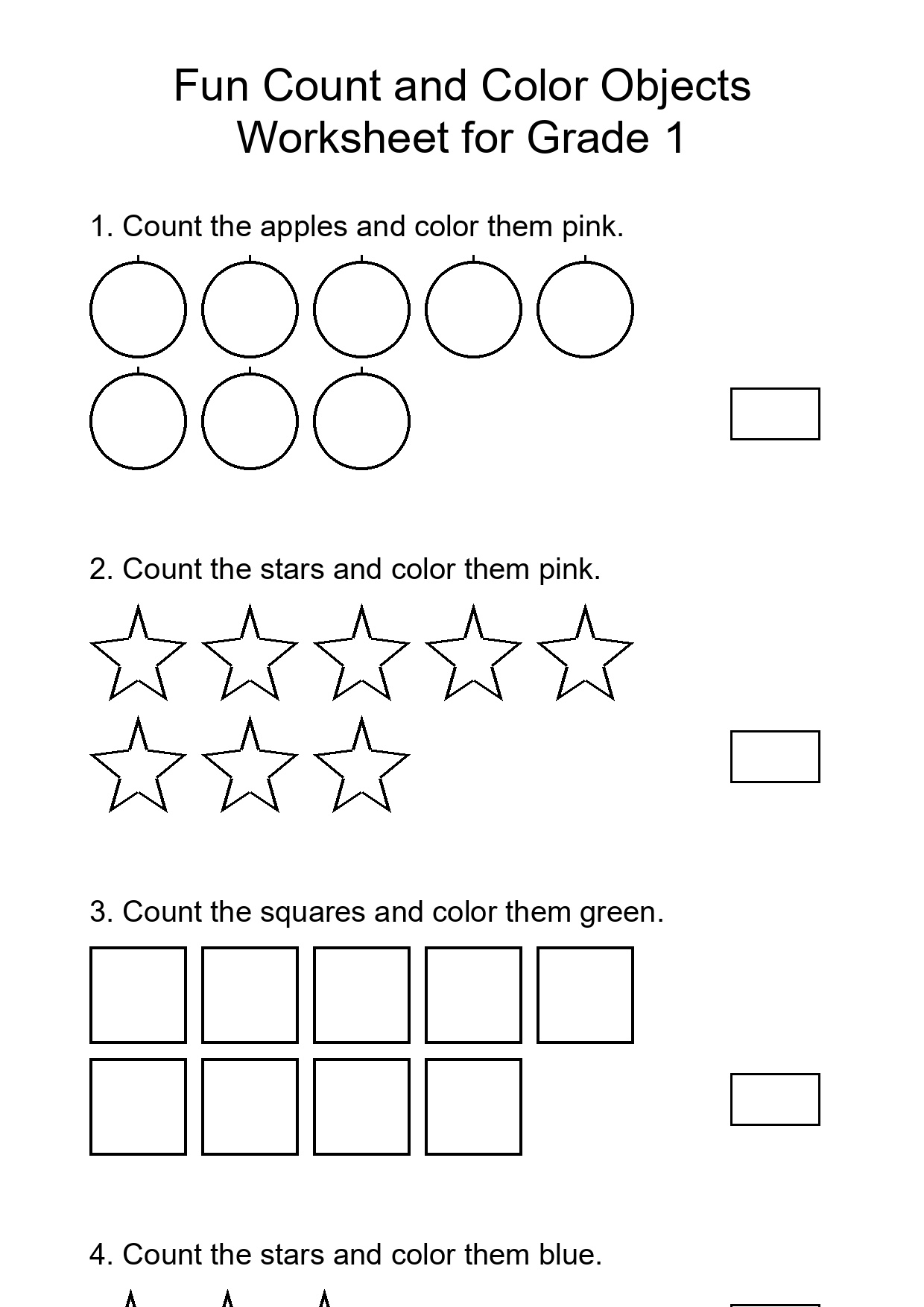 Fun Count and Color Objects Worksheet for Grade 1