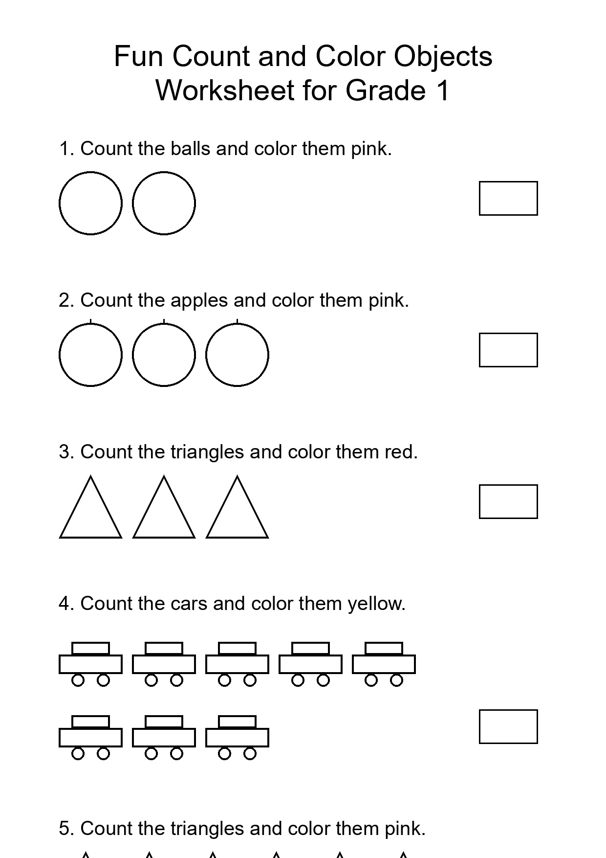 Fun Count and Color Objects Worksheet for Grade 1