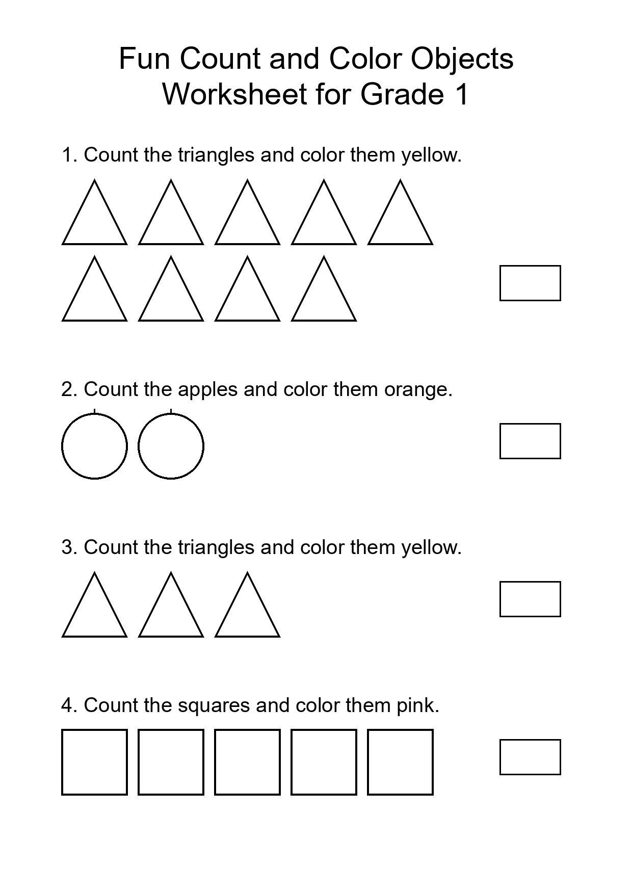 Fun Count and Color Objects Worksheet for Grade 1