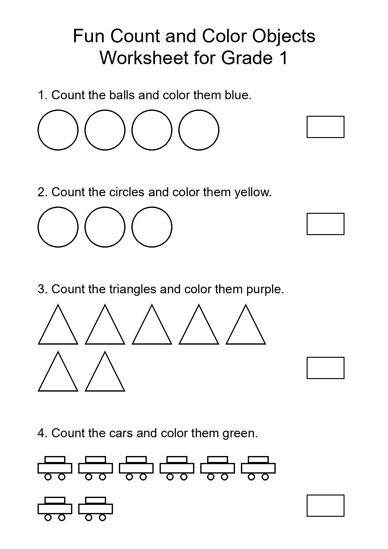 Fun Count and Color Objects Worksheet for Grade 1