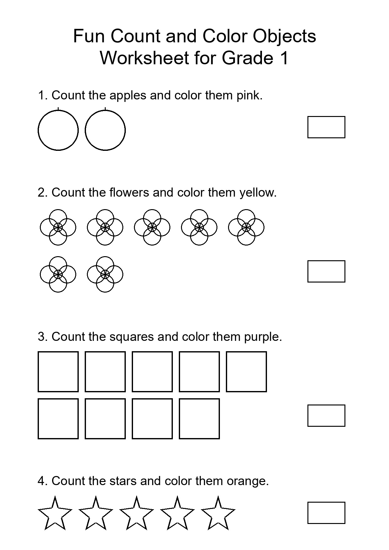 Fun Count and Color Objects Worksheet for Grade 1