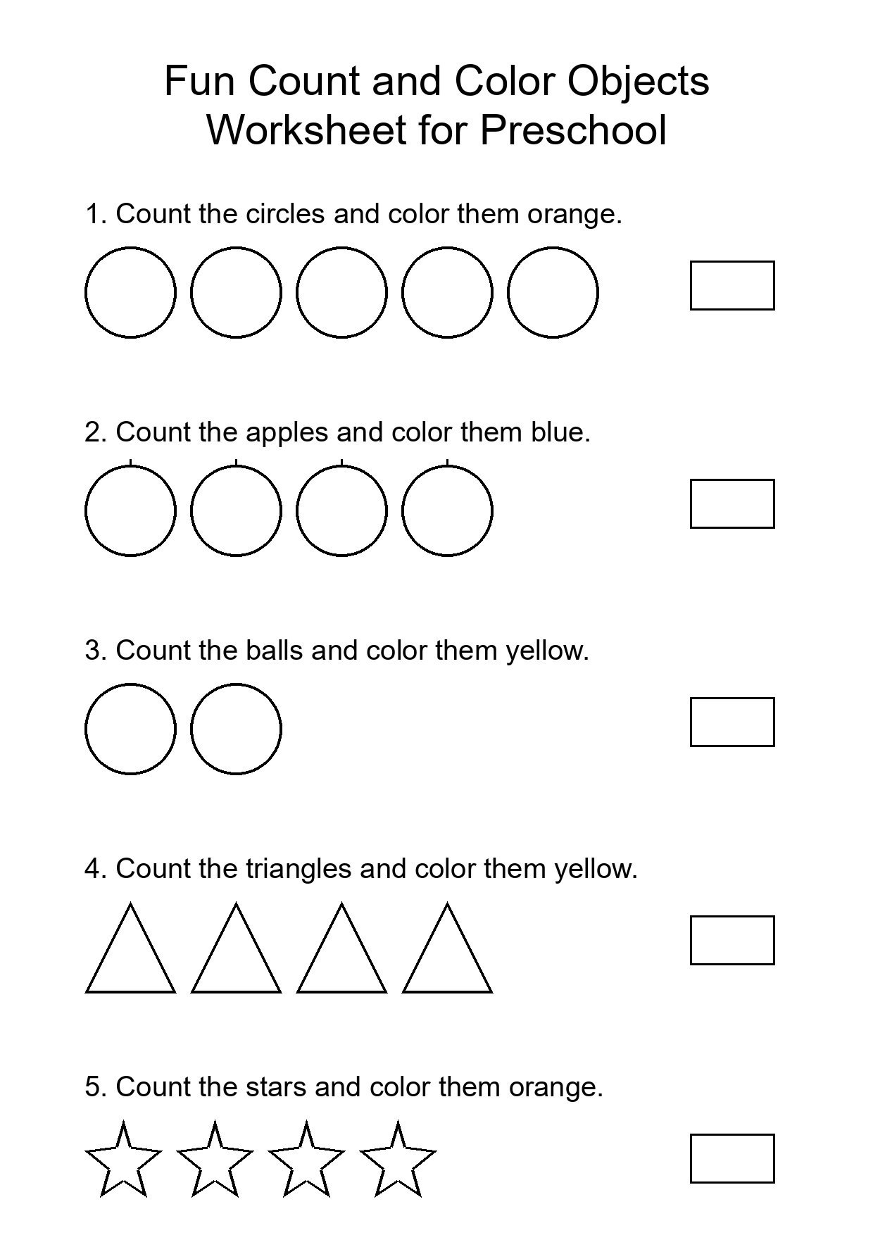 Fun Count and Color Objects Worksheet for Preschool