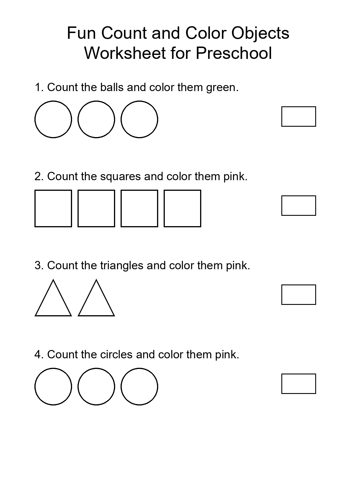 Fun Count and Color Objects Worksheet for Preschool