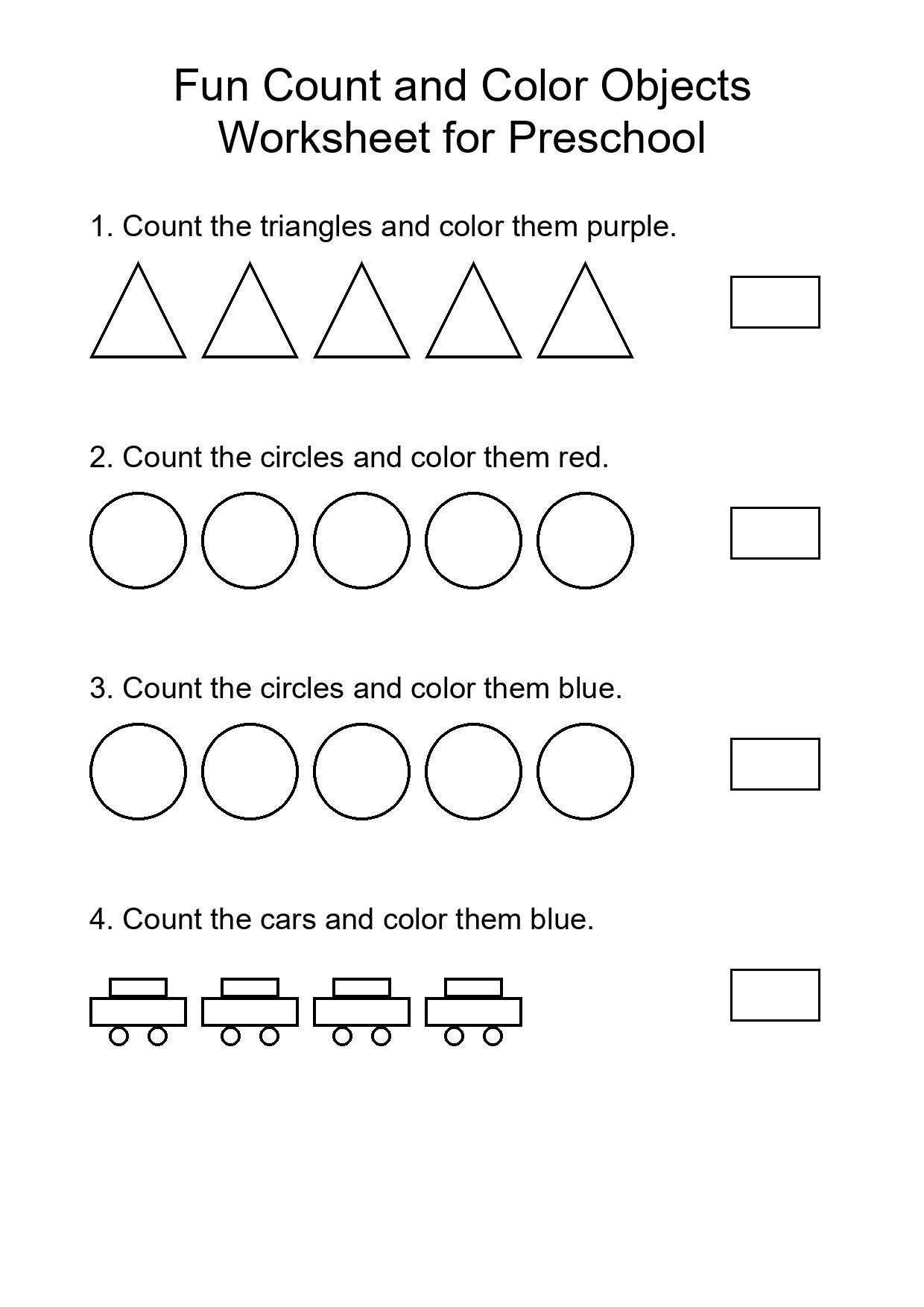 Fun Count and Color Objects Worksheet for Preschool