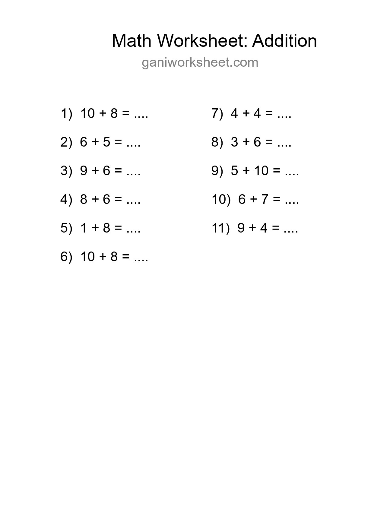 Grade 1 Addition Practice Worksheet (11 Problems) - Part 471