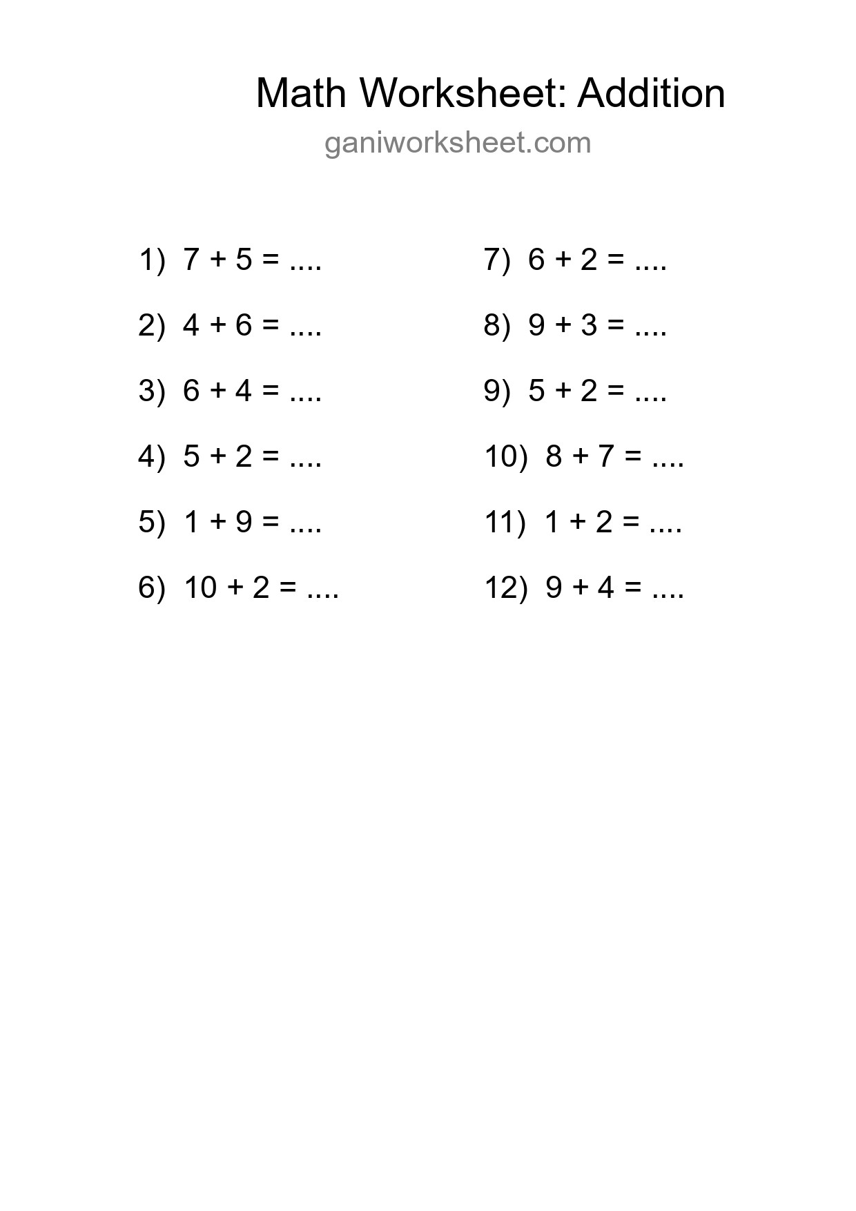 Grade 1 Addition Practice Worksheet (12 Problems) - Part 1071