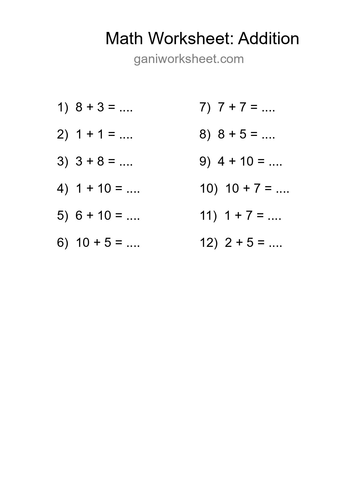 Grade 1 Addition Practice Worksheet (12 Problems) - Part 1811