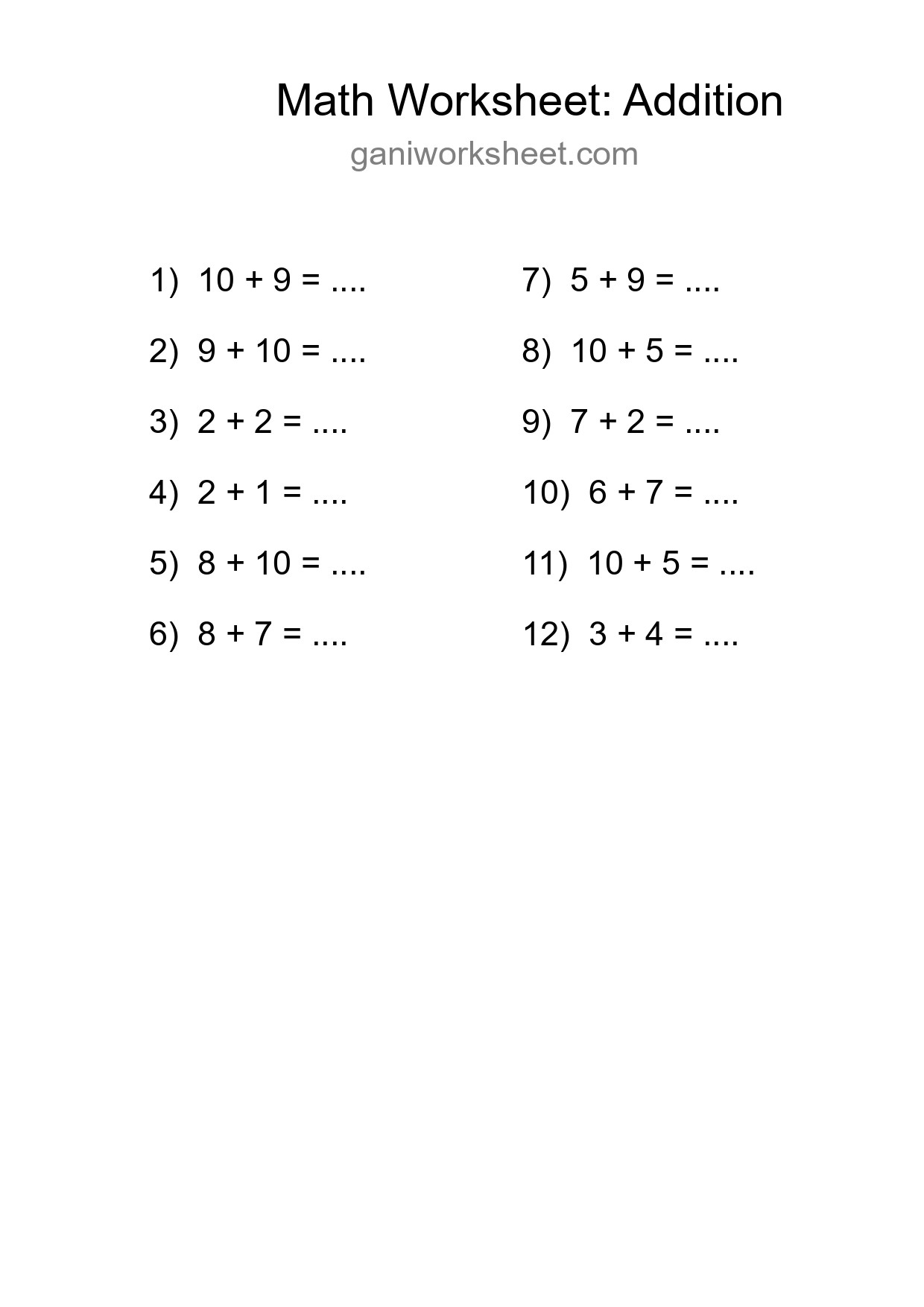 Grade 1 Addition Practice Worksheet (12 Problems) - Part 491