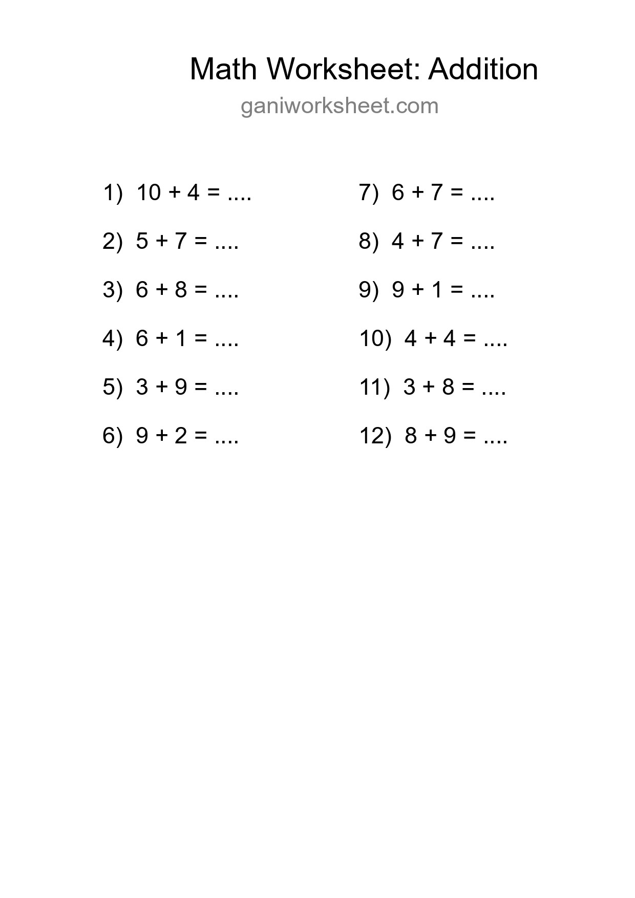 Grade 1 Addition Practice Worksheet (12 Problems) - Part 721
