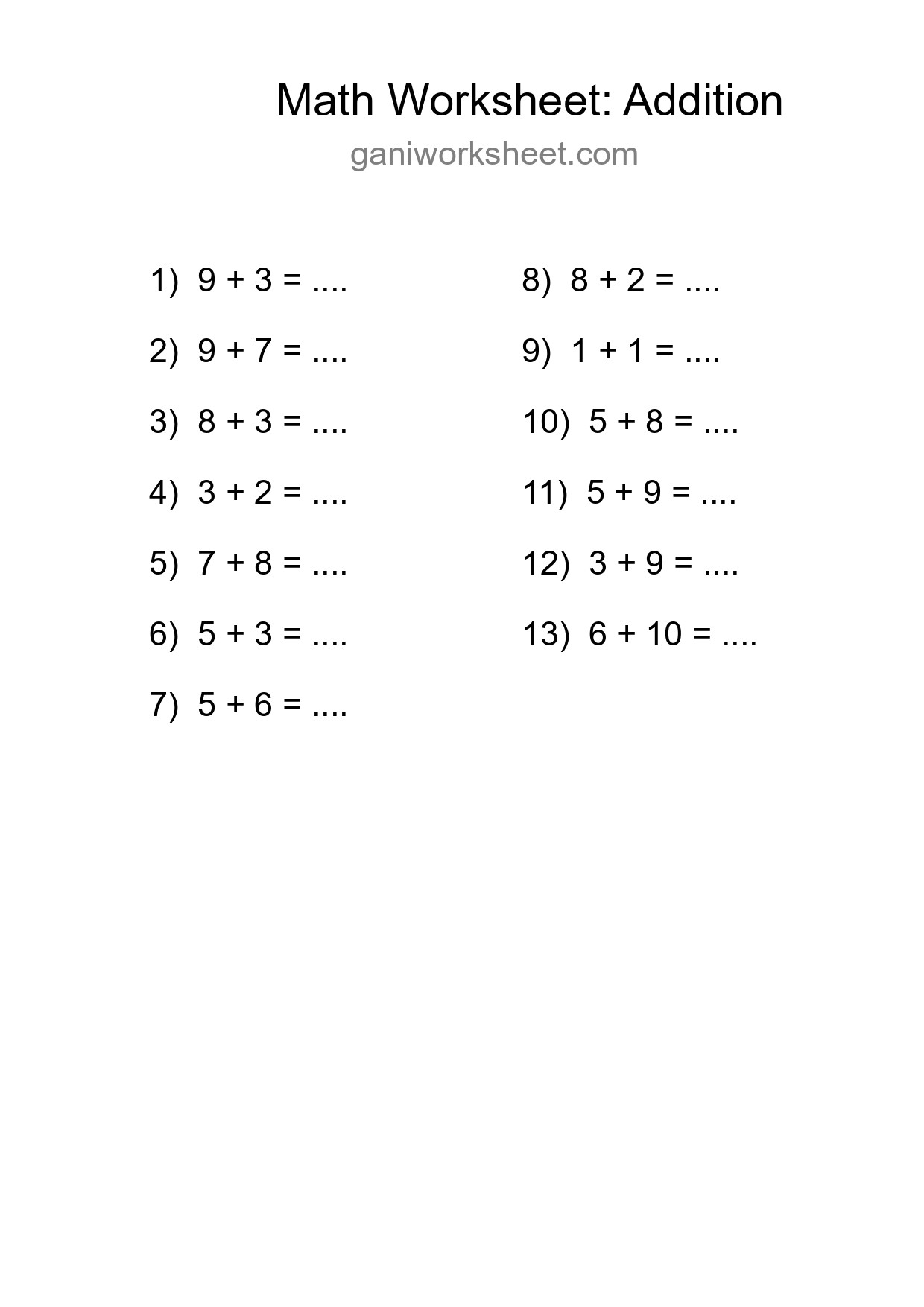 Grade 1 Addition Practice Worksheet (13 Problems) - Part 201