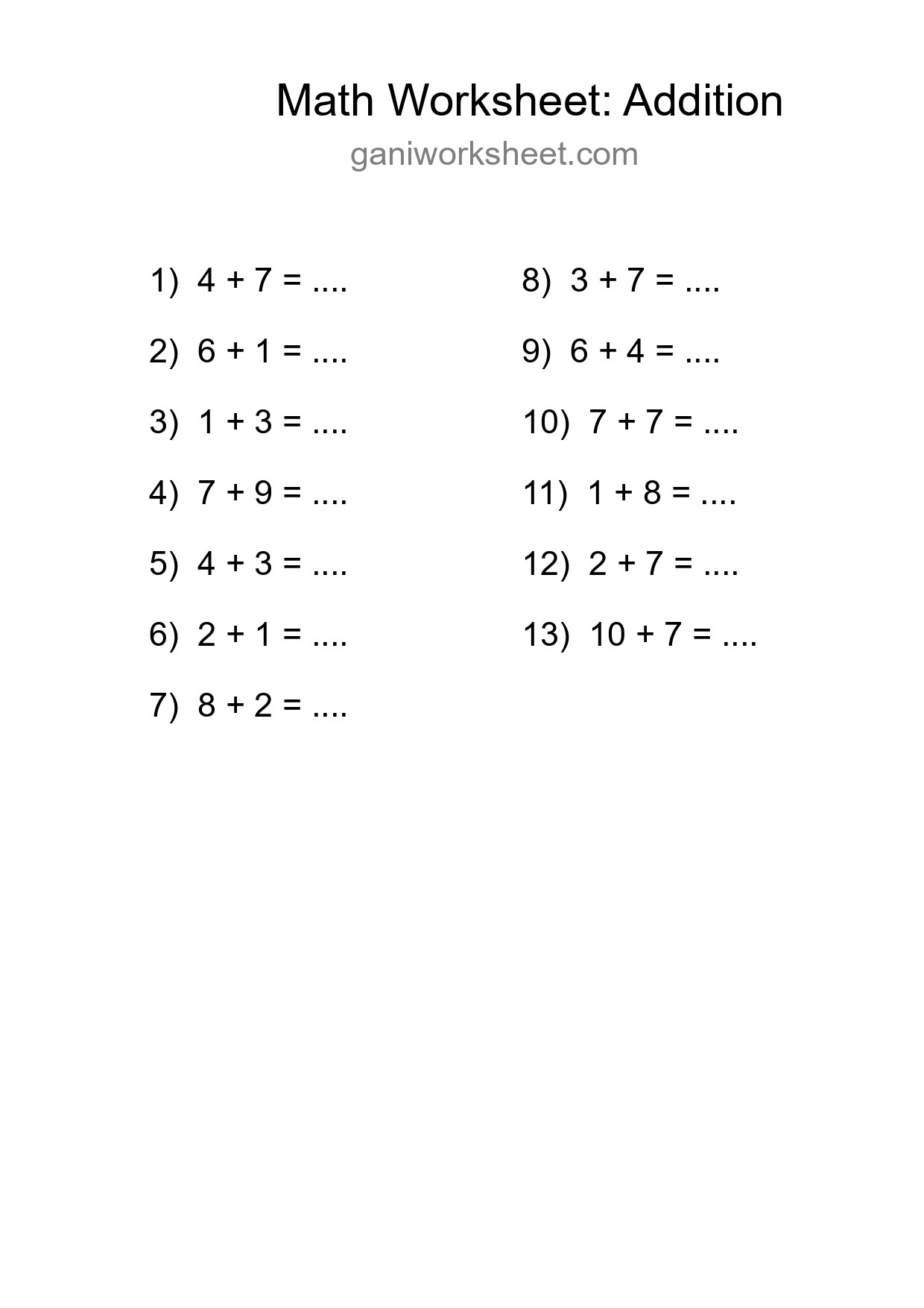 Grade 1 Addition Practice Worksheet (13 Problems) - Part 401