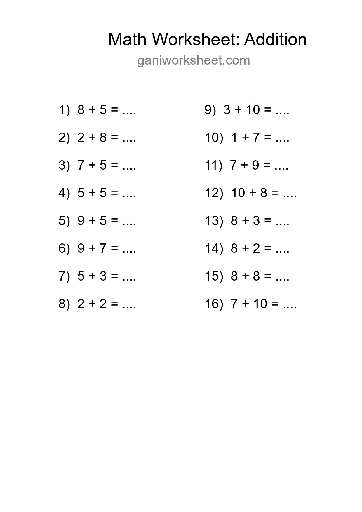 Grade 1 Addition Practice Worksheet (16 Problems) - Part 971