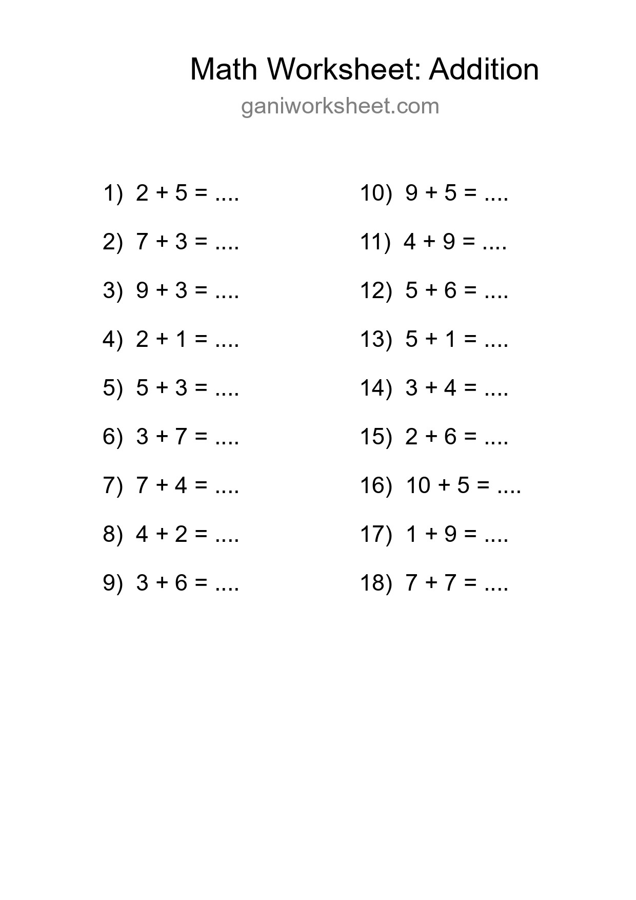 Grade 1 Addition Practice Worksheet (18 Problems) - Part 1101