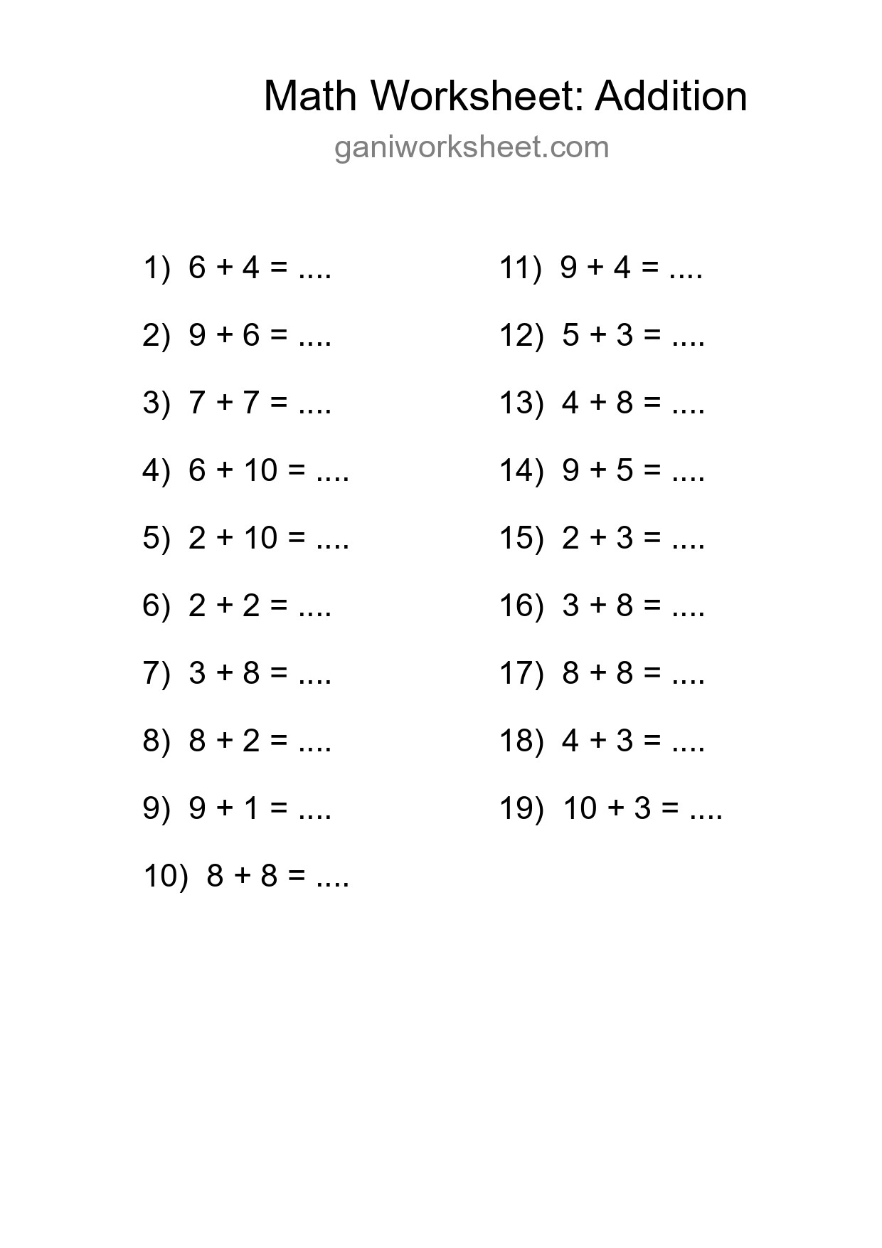 Grade 1 Addition Practice Worksheet (19 Problems) - Part 501