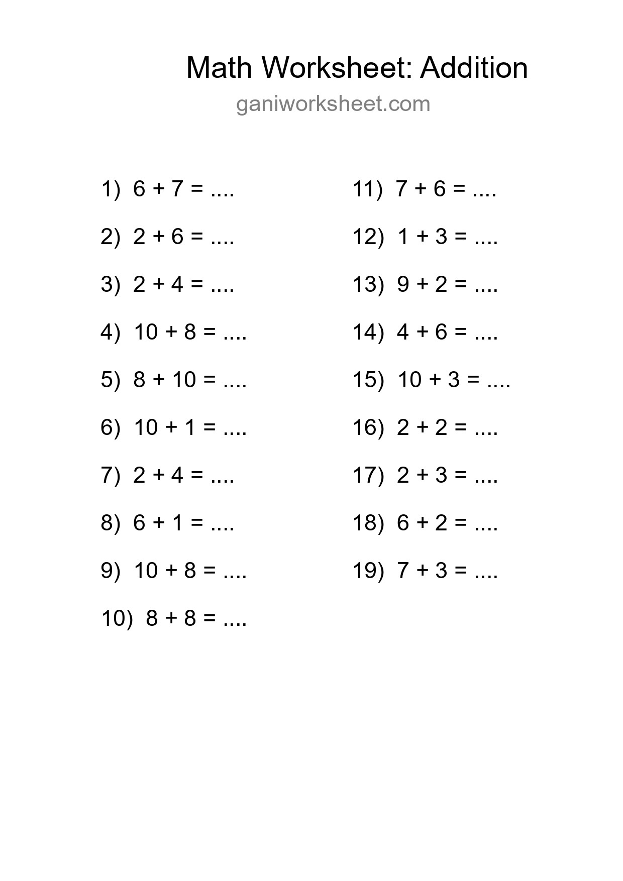 Grade 1 Addition Practice Worksheet (19 Problems) - Part 51