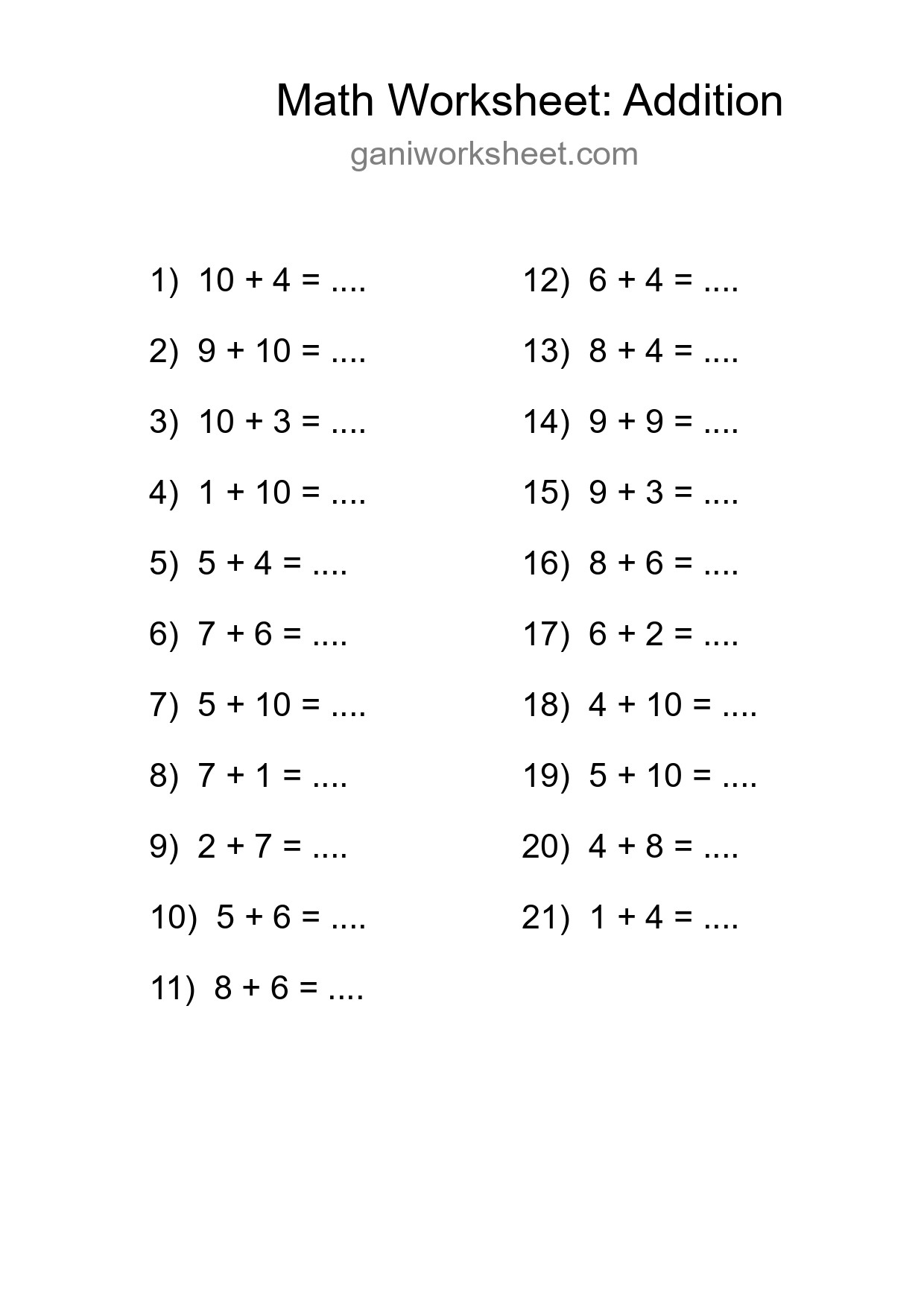 Grade 1 Addition Practice Worksheet (21 Problems) - Part 1611