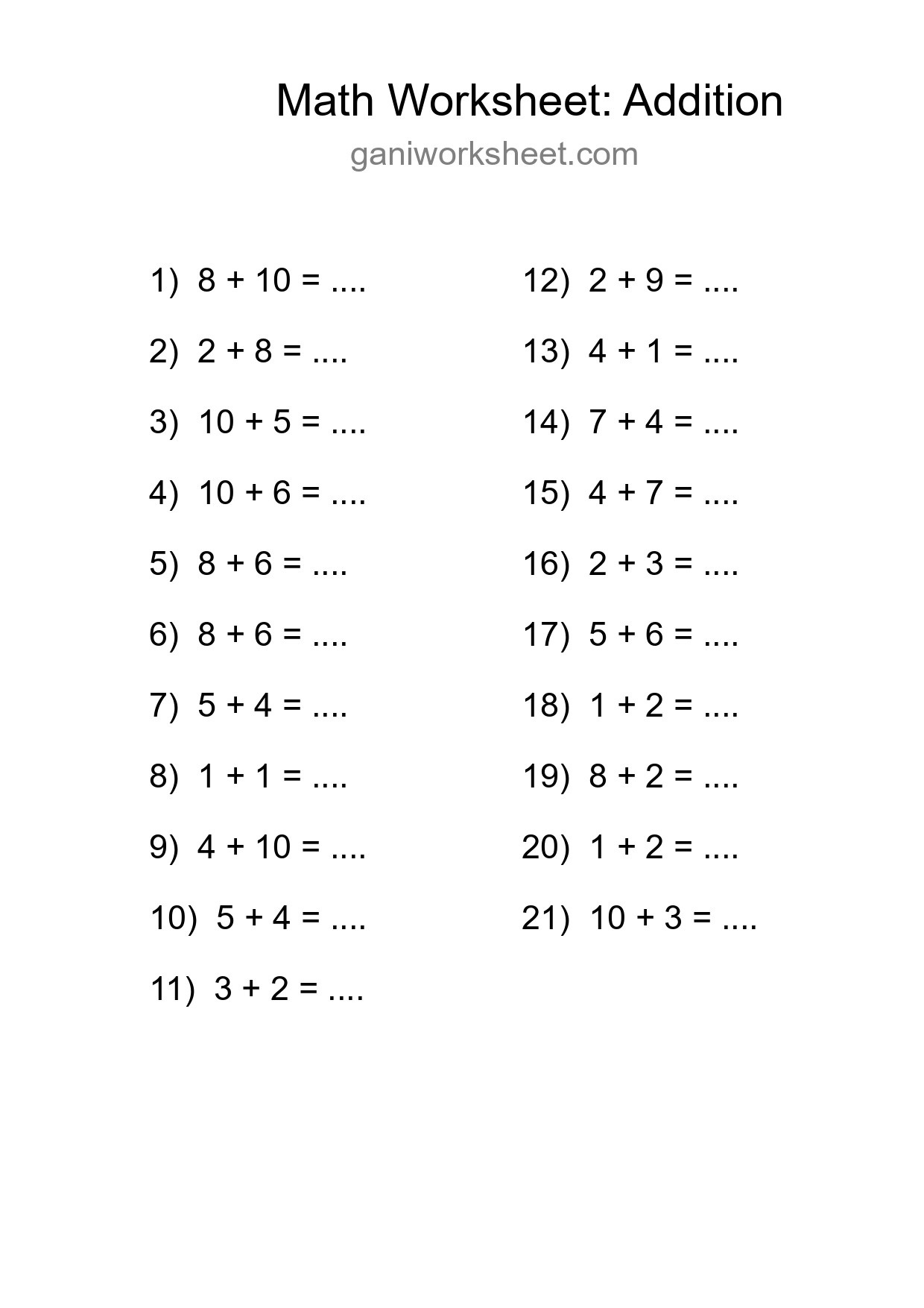Grade 1 Addition Practice Worksheet (21 Problems) - Part 1671