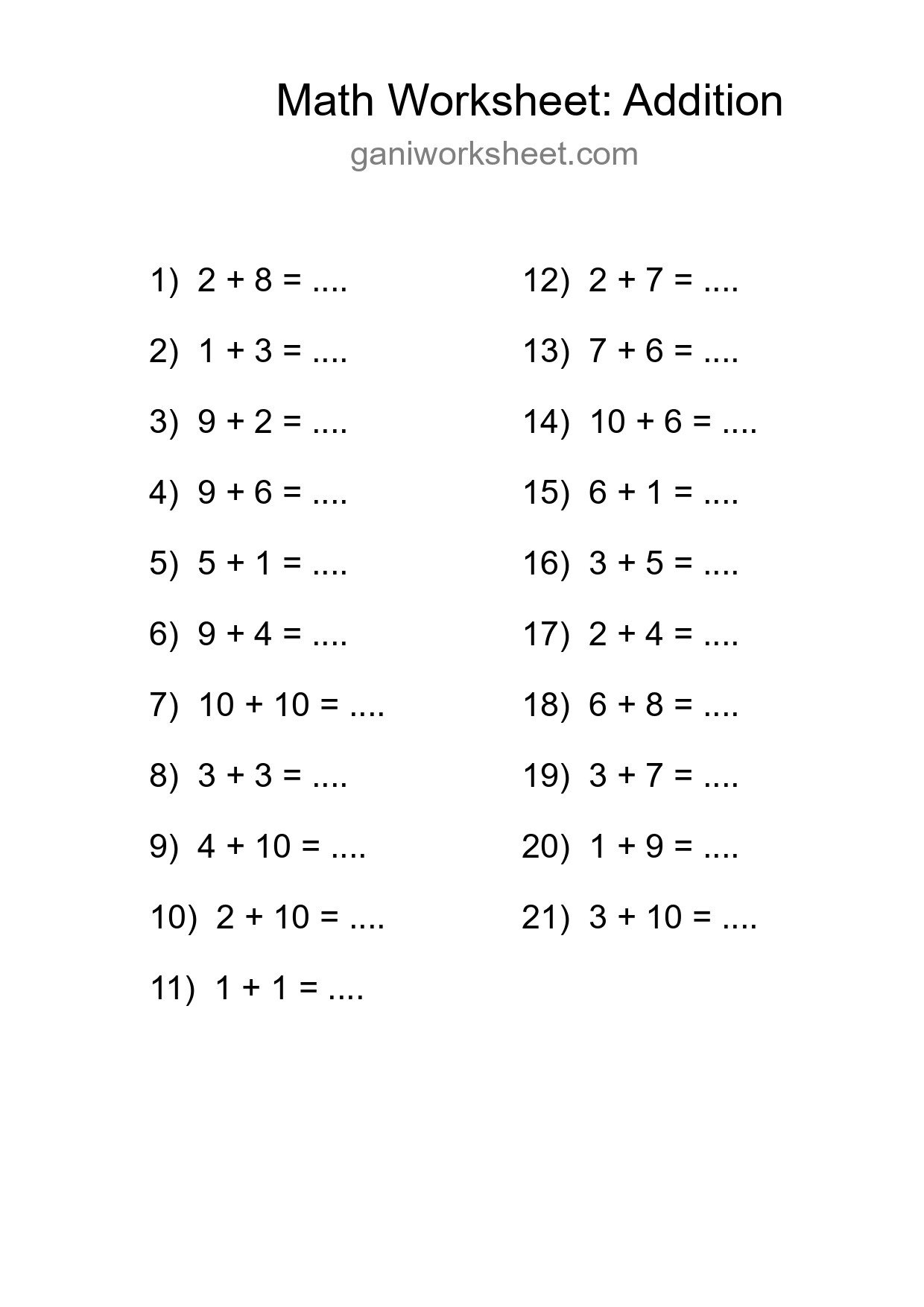 Grade 1 Addition Practice Worksheet (21 Problems) - Part 1901