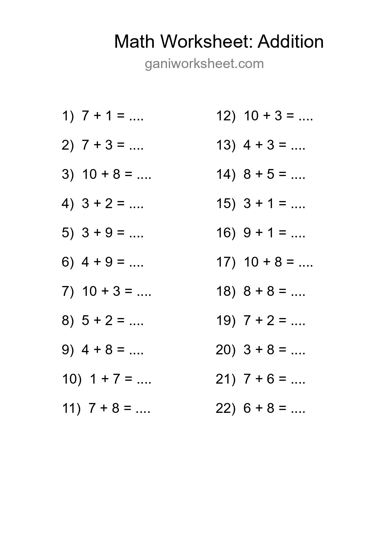 Grade 1 Addition Practice Worksheet (22 Problems) - Part 1201