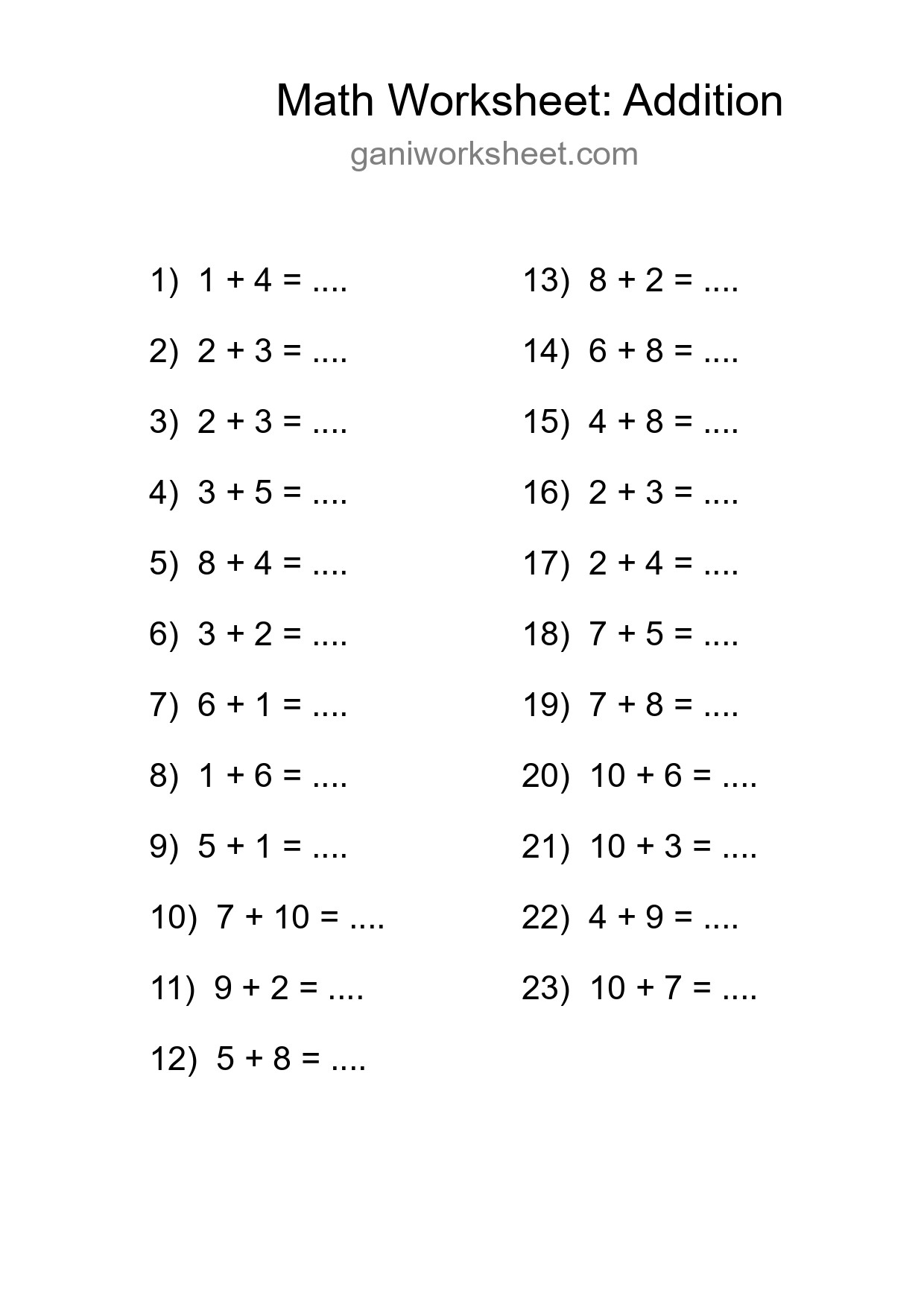 Grade 1 Addition Practice Worksheet (23 Problems) - Part 1311