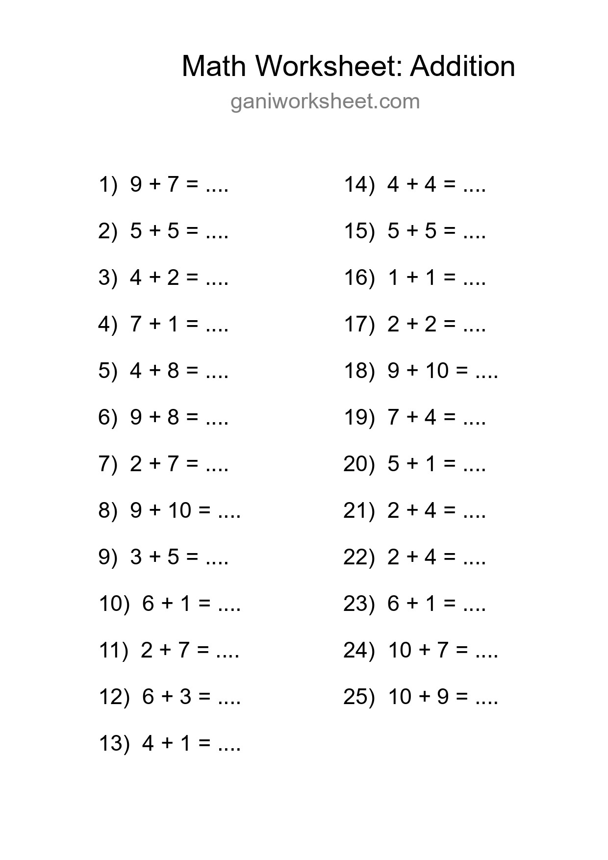 Grade 1 Addition Practice Worksheet (25 Problems) - Part 1921