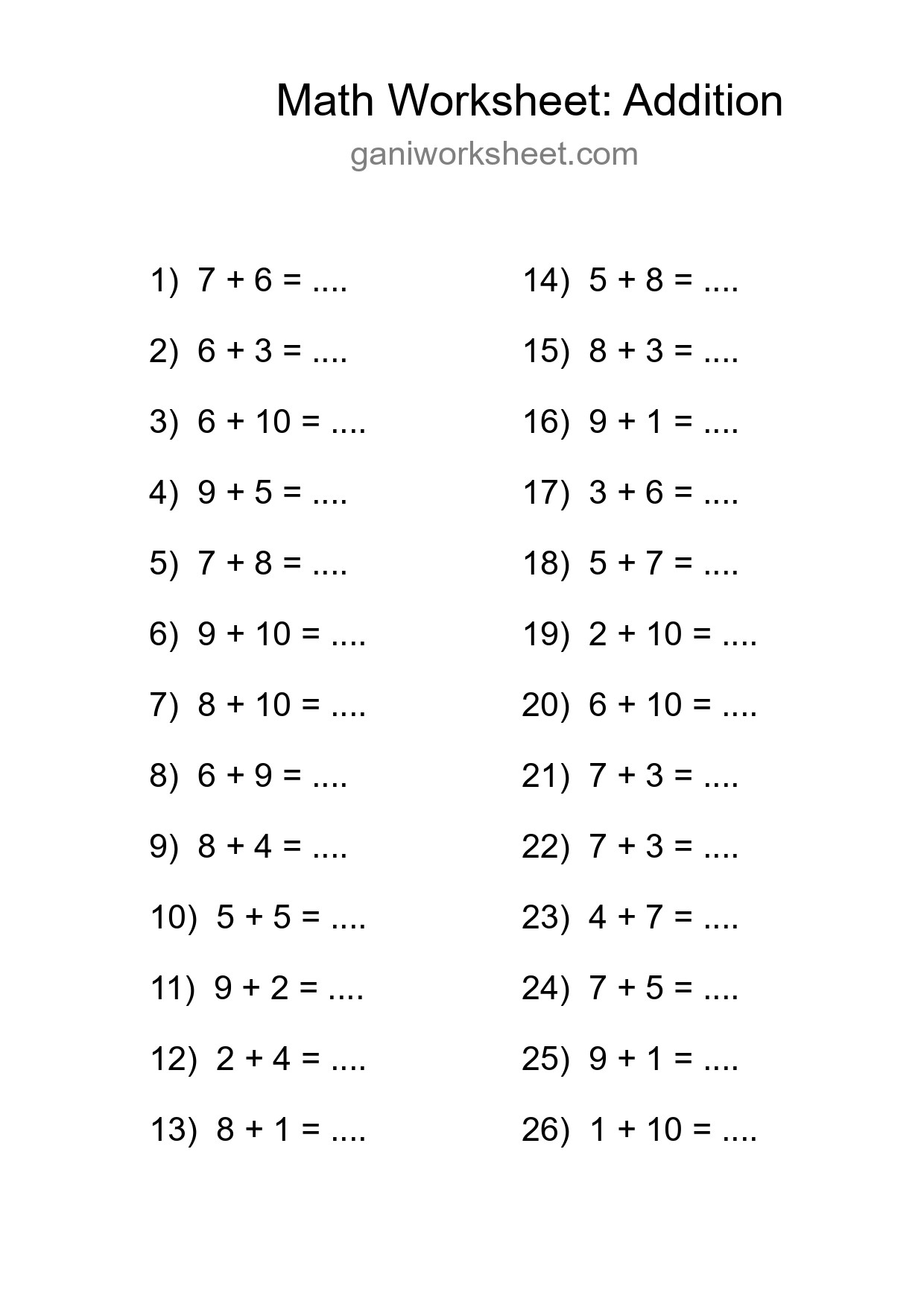 Grade 1 Addition Practice Worksheet (26 Problems) - Part 1541