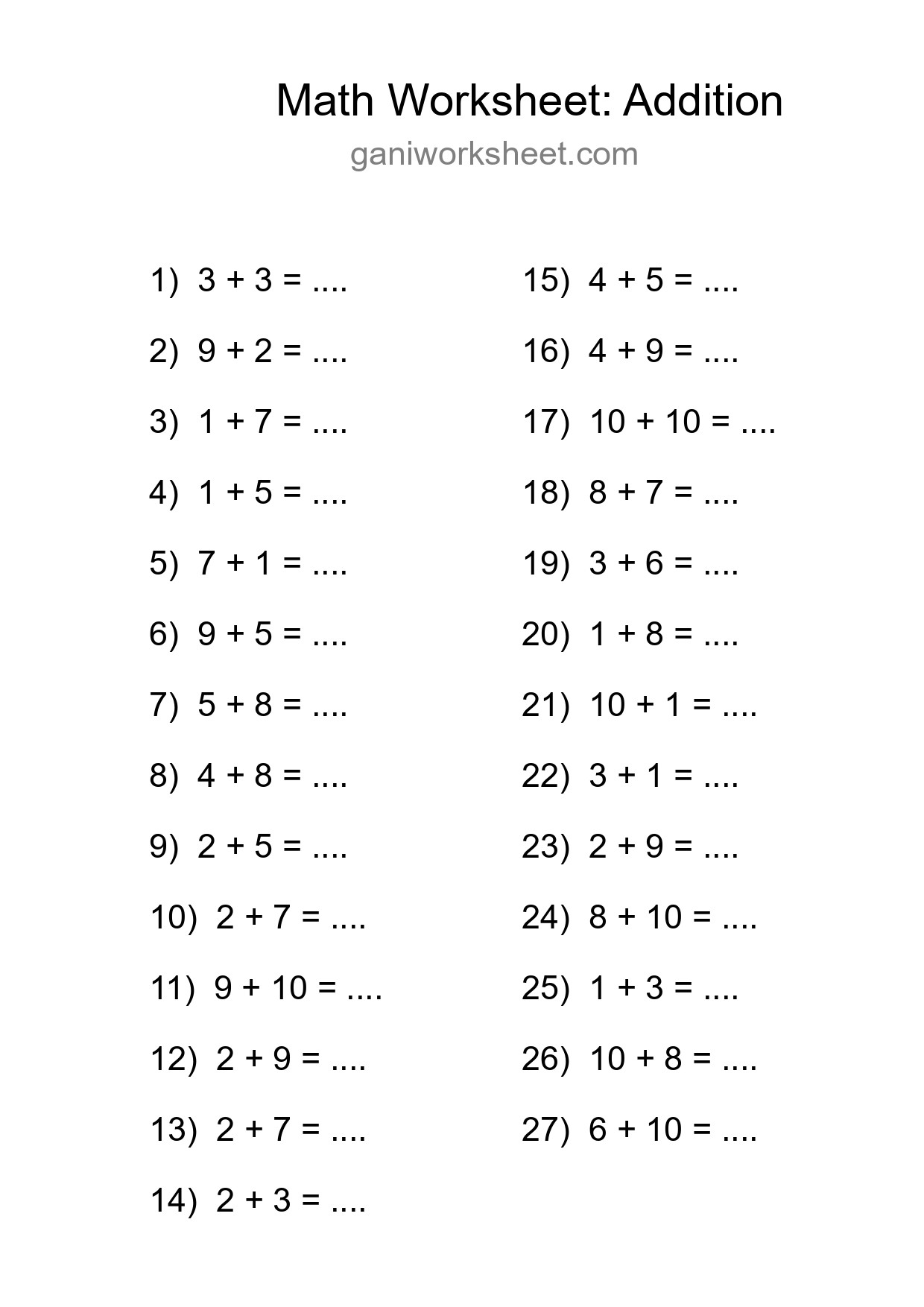 Grade 1 Addition Practice Worksheet (27 Problems) - Part 641