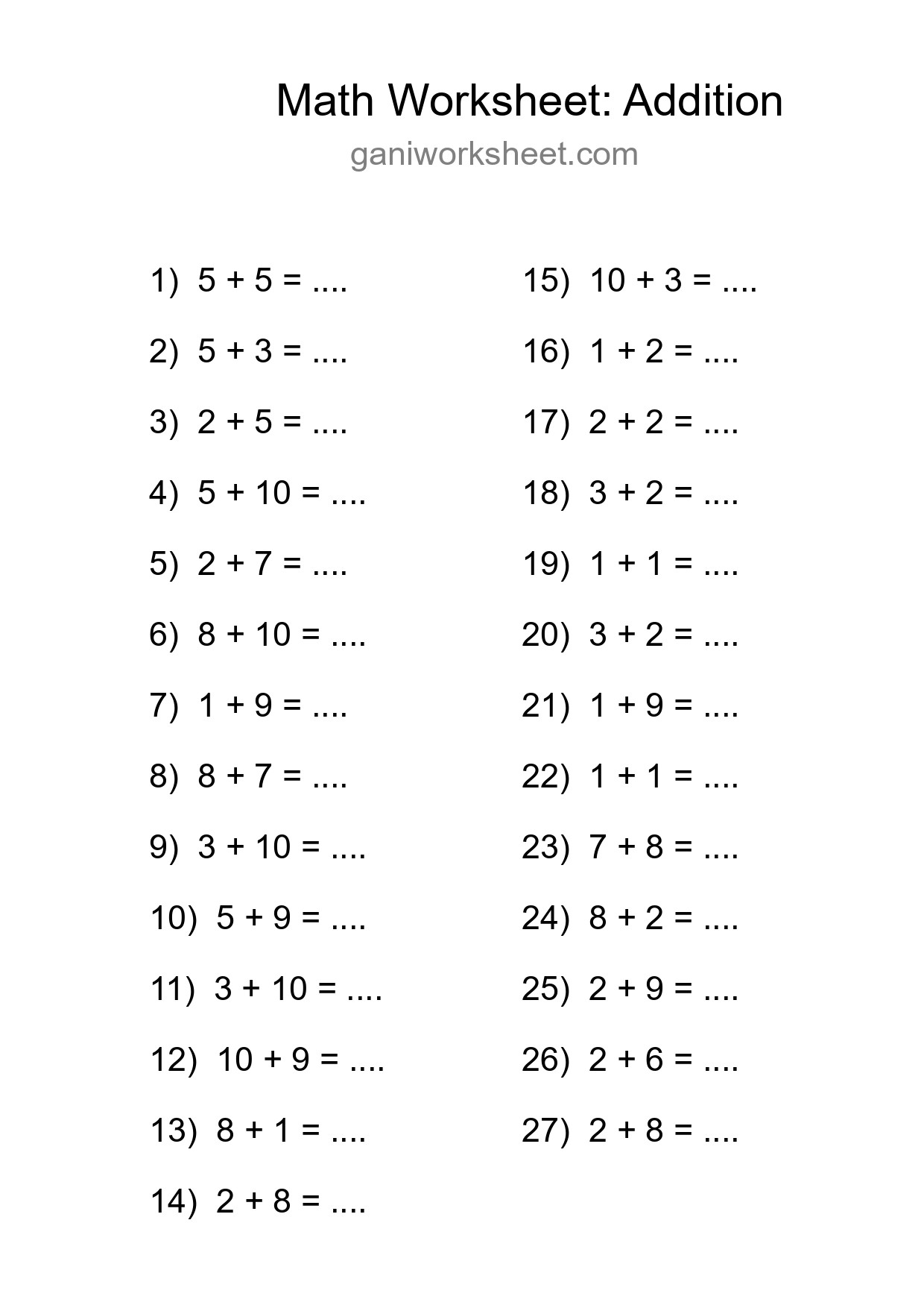 Grade 1 Addition Practice Worksheet (27 Problems) - Part 871